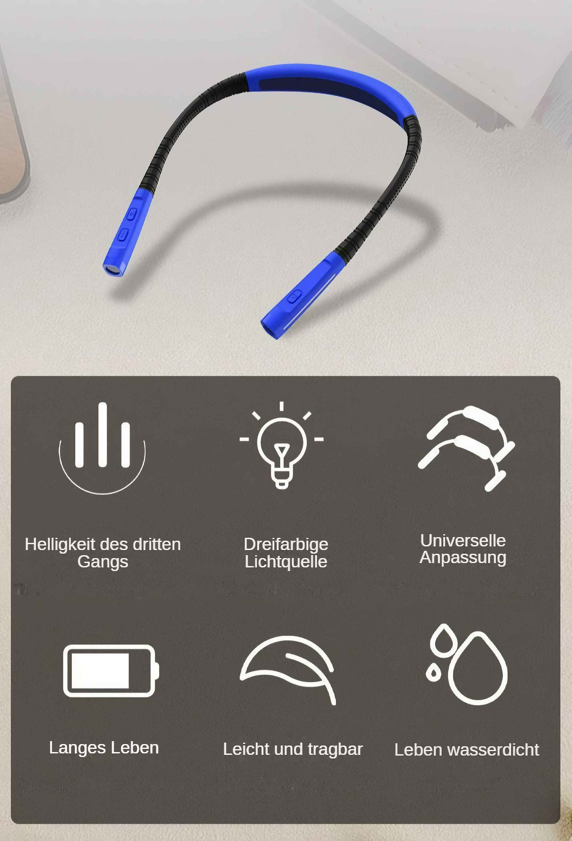 Eine blaue und schwarze Nackenleuchte. Merkmale sind Helligkeitseinstellungen, lange Lebensdauer und wasserdichtes Design.