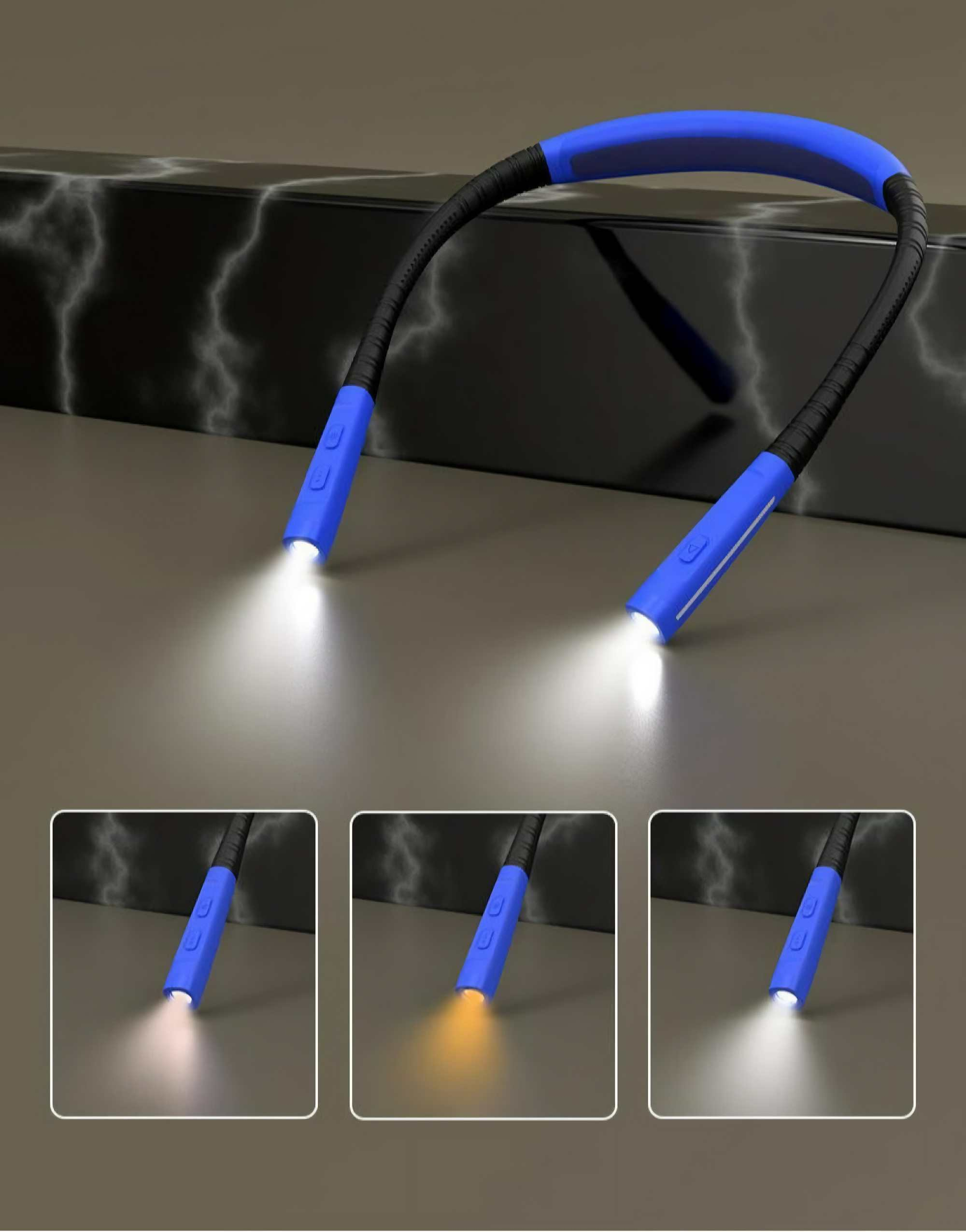Eine flexible blaue und schwarze Nackenleuchte mit zwei hellen LED-Leuchten und drei Helligkeitseinstellungen.