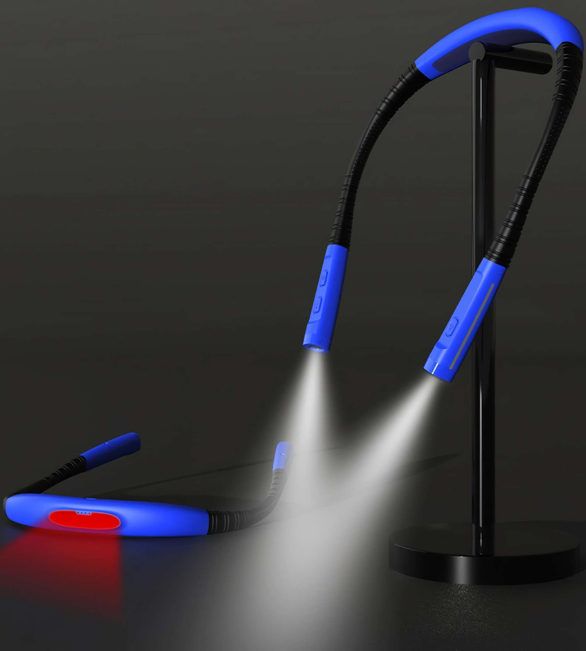 Eine blaue und schwarze Nackenleuchte mit hellen Strahlen. Sie steht auf einem schwarzen Sockel vor dunklem Hintergrund.
