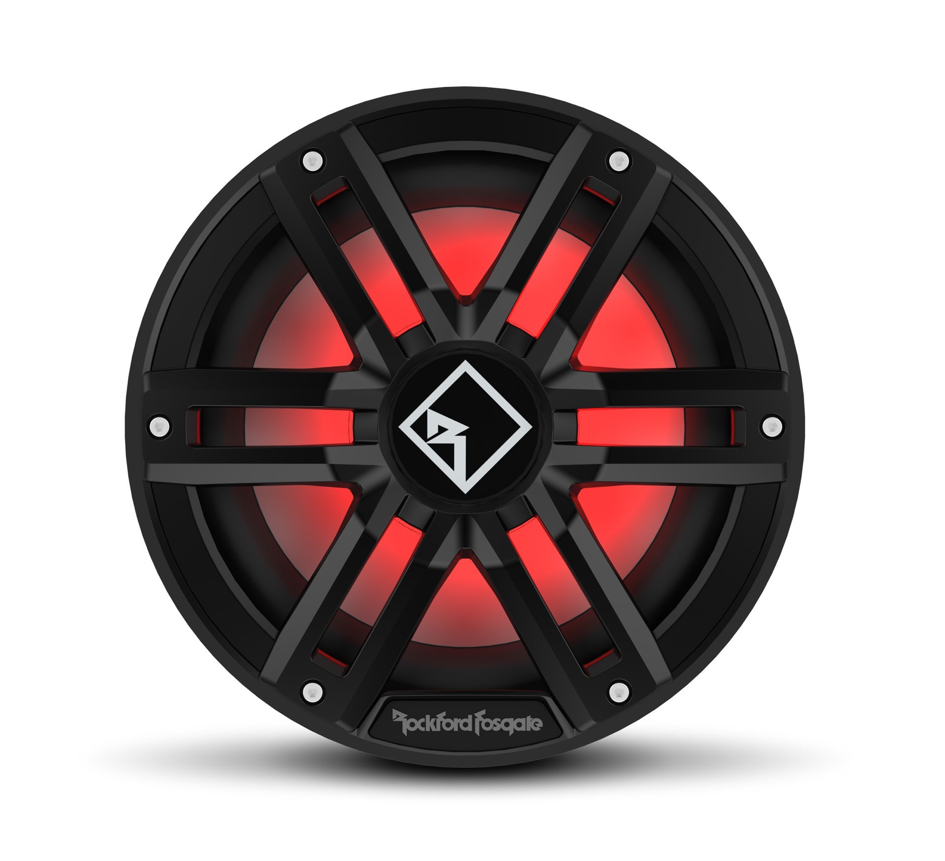 Ein schwarzer Lautsprecher mit roter Beleuchtung, einem weißen Logo und der Marke Rockford Fosgate.
