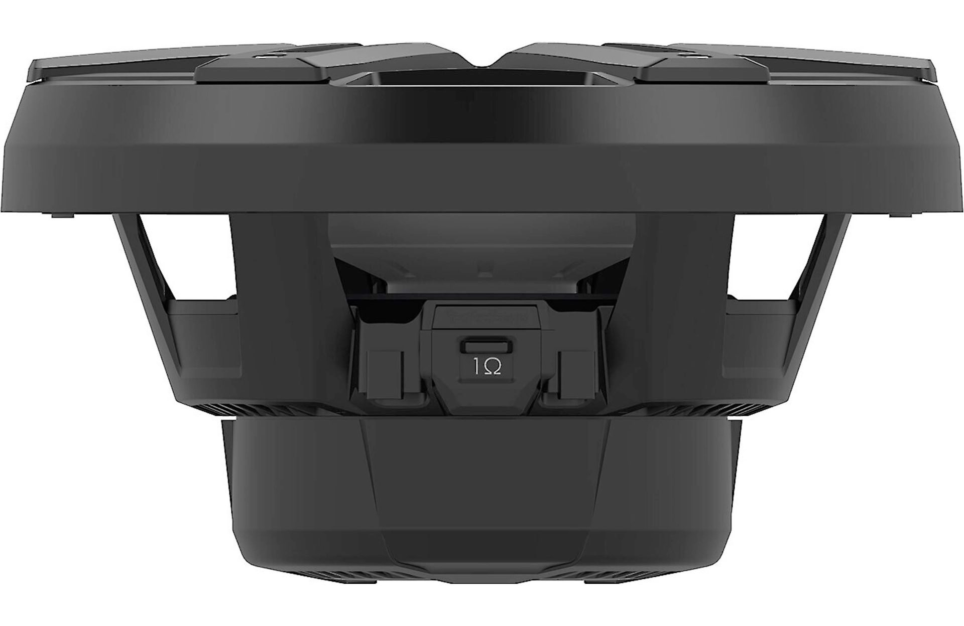 Ein schwarzer Subwoofer mit 1-Ohm-Nennleistung. Er hat ein komplexes Design mit mehreren Schichten und geometrischen Formen.