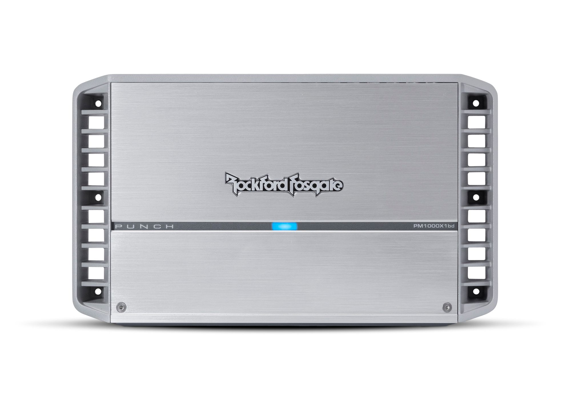 Ein silberner Rockford Fosgate Punch PM1000X1bd Verstärker. Merkmale sind das Markenlogo, der Modellname und eine blaue Power-Anzeige.