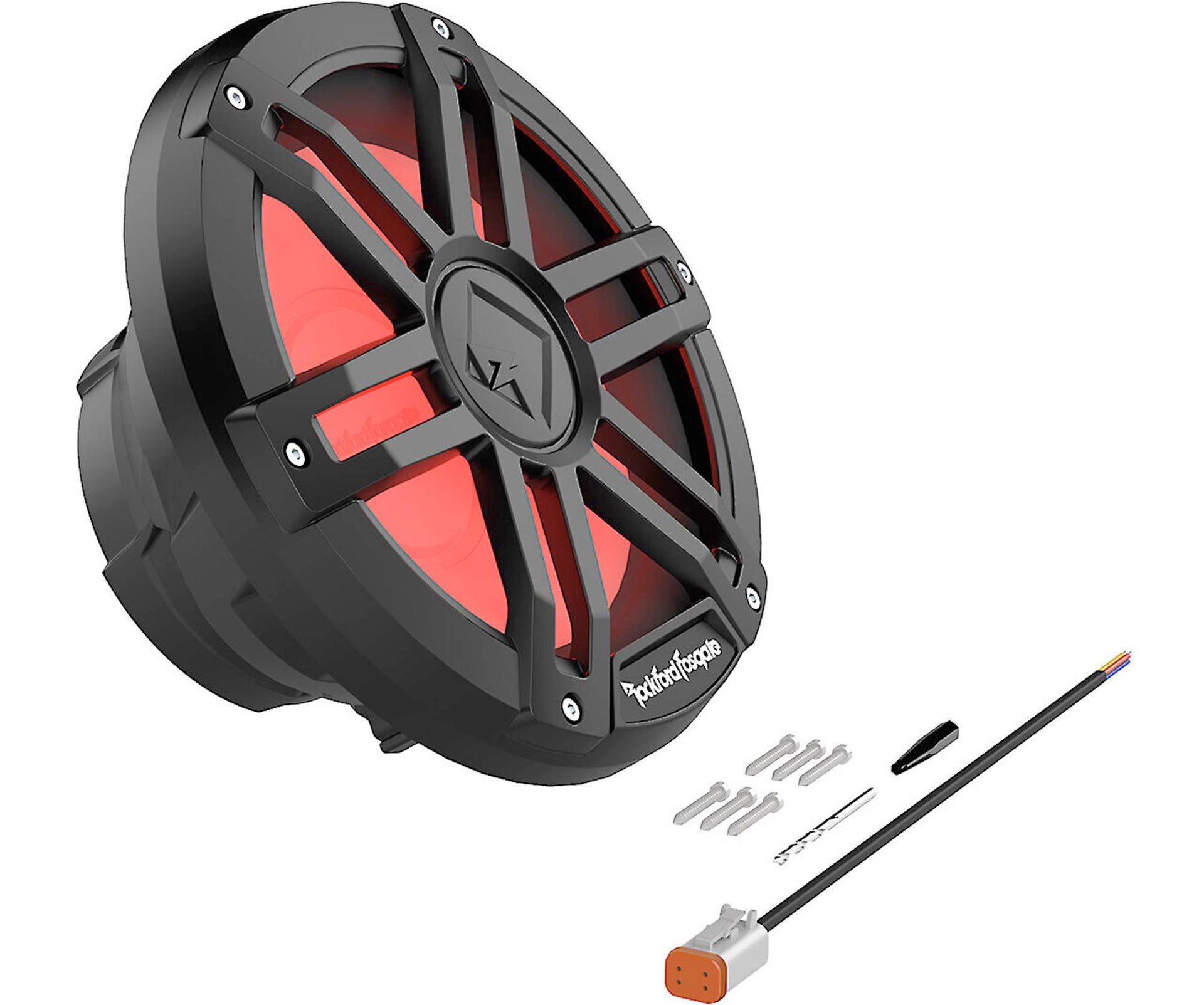 Schwarzer Lautsprecher mit roter Innenausstattung, Schrauben und Verkabelung. Der Lautsprecher hat ein einzigartiges Design und das Rockford Fosgate-Logo.