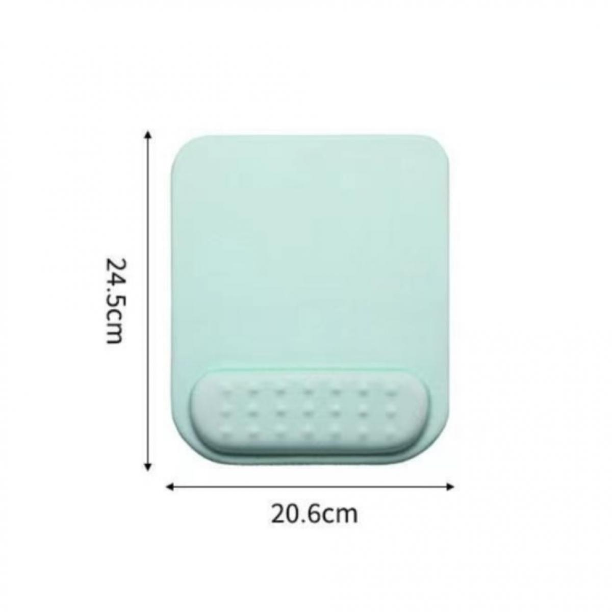 Ein mintgrünes Mousepad mit Handballenauflage. Maße: 24,5 cm x 20,6 cm. Die Handballenauflage hat kleine, runde Vertiefungen.