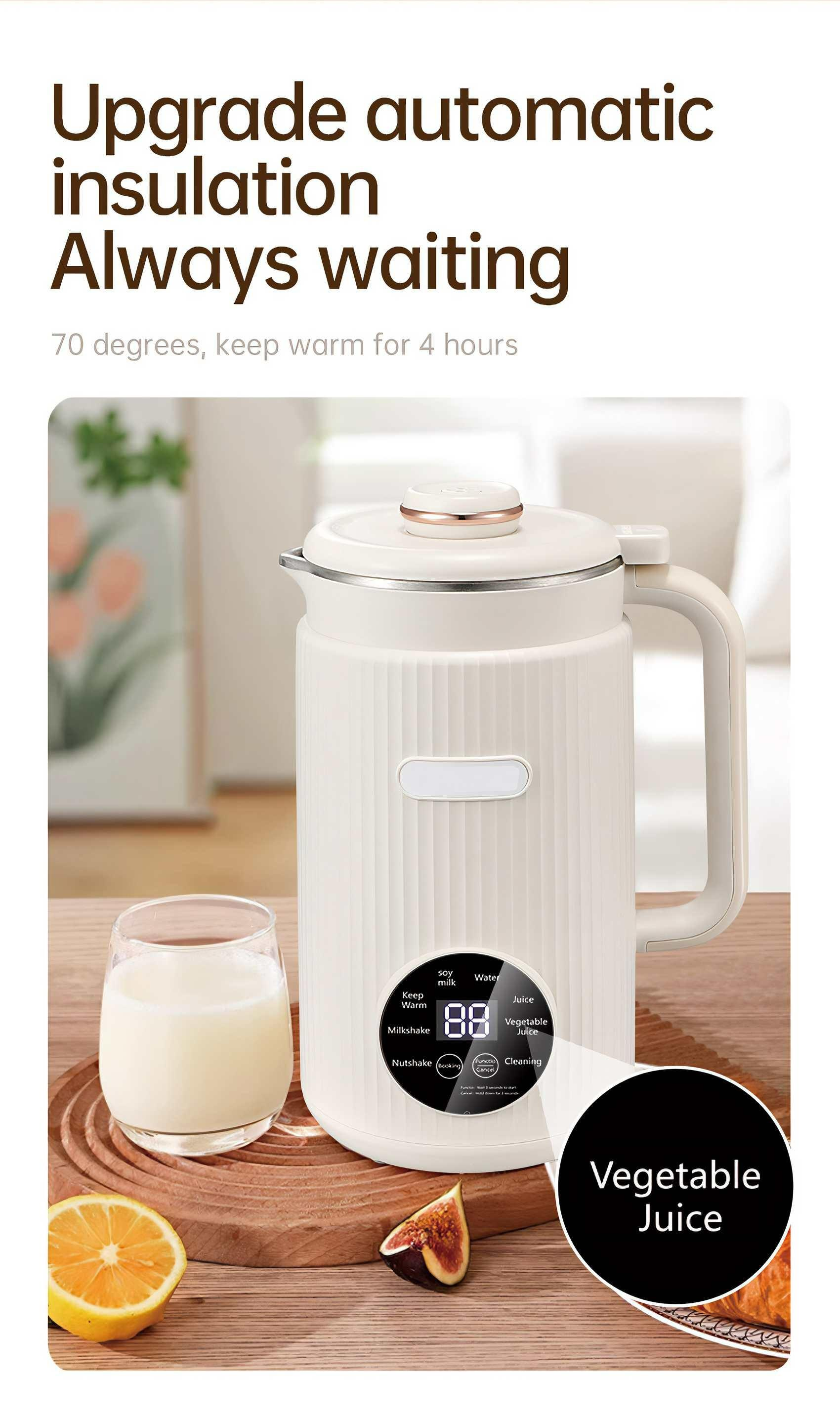 Ein weißes Gerät mit Digitalanzeige zeigt '88'. Daneben ein Glas Milch, eine Zitrone und eine Feige.
