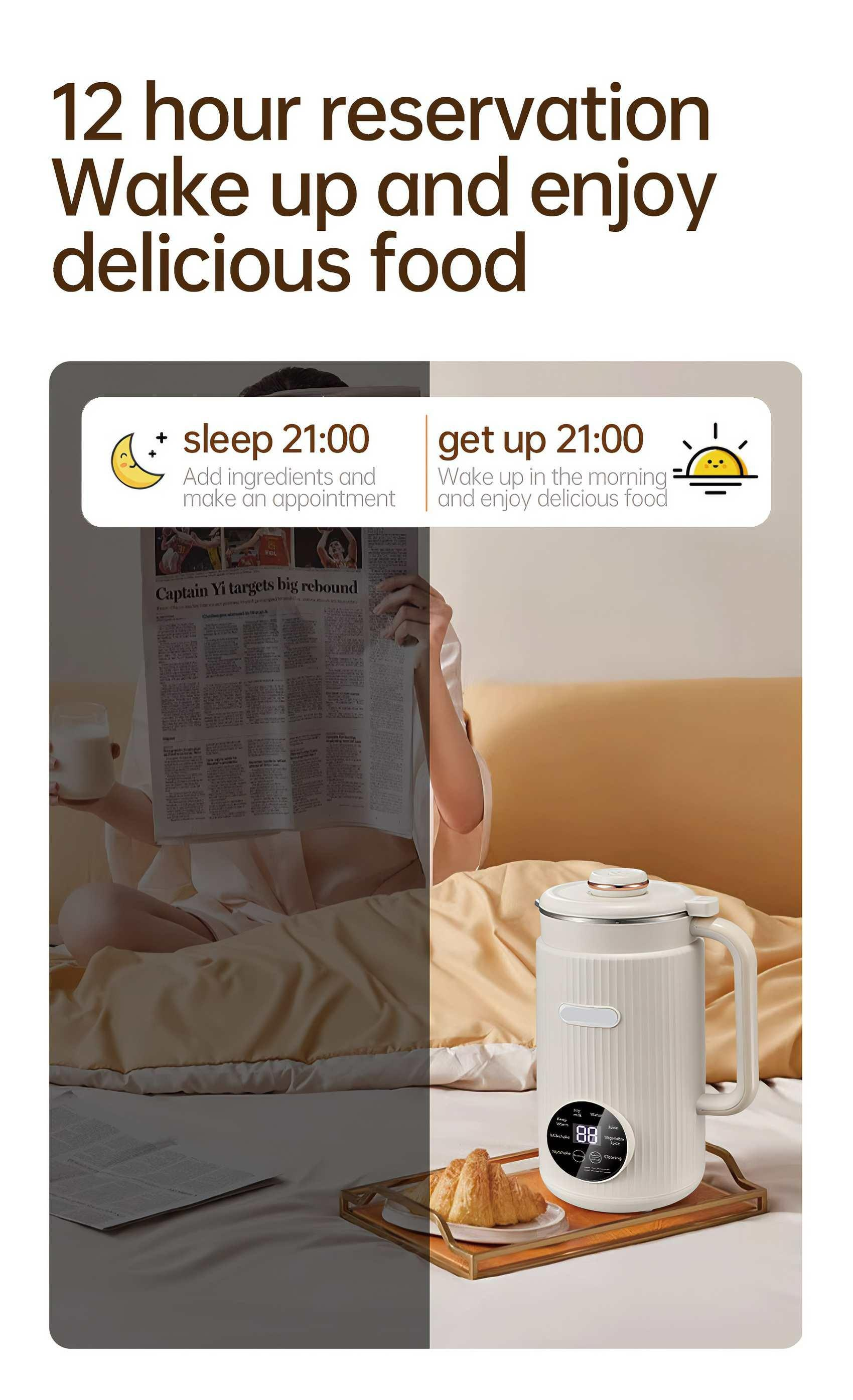 Eine Person im Bett liest eine Zeitung. Ein weißes Gerät mit Croissants auf einem Tablett liegt auf dem Bett. Der Text lautet: Aufwachen und köstliches Essen genießen.