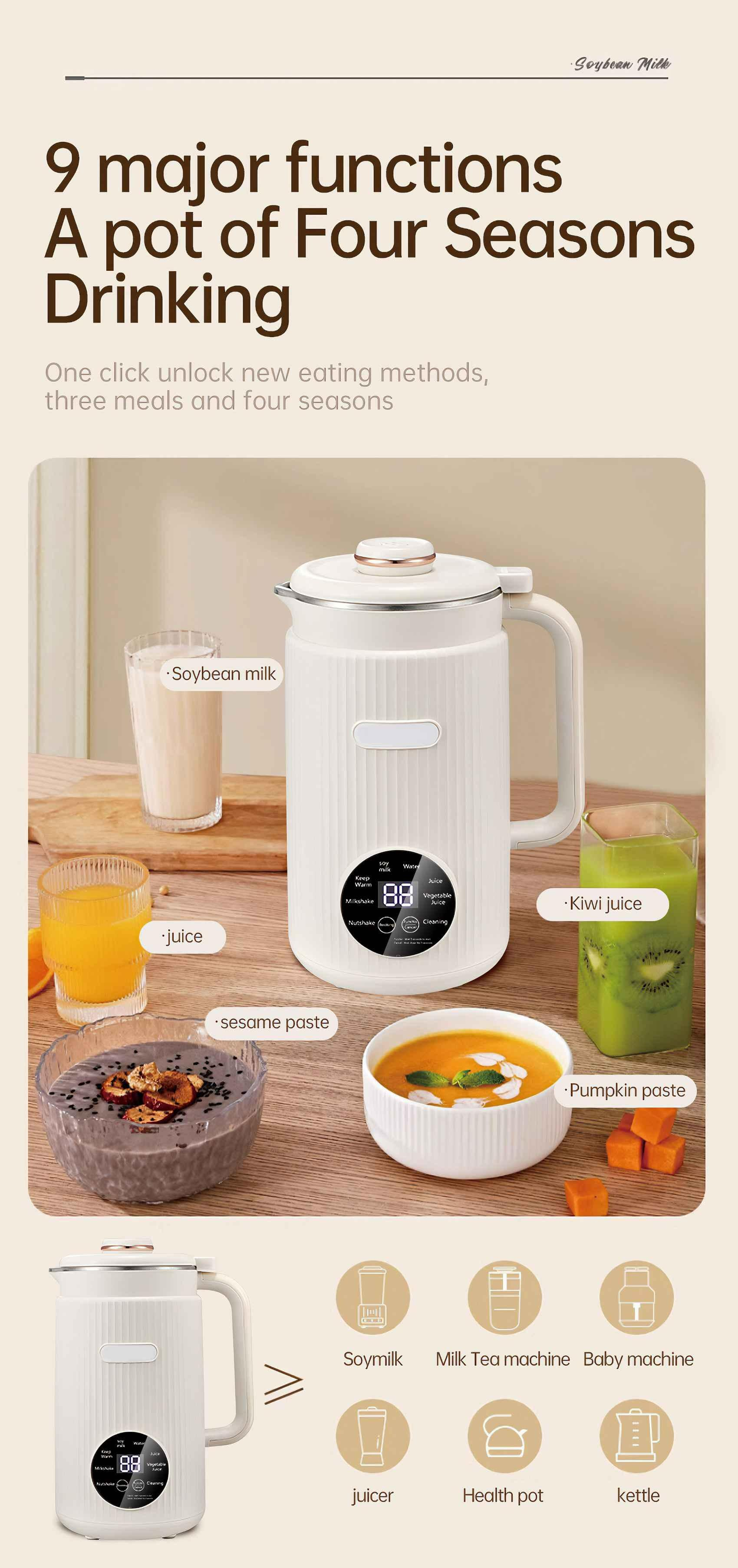 Ein weißes Gerät mit Digitalanzeige. Es ist umgeben von Gläsern mit Saft, Paste und dem Text 'Soybean Milk'.