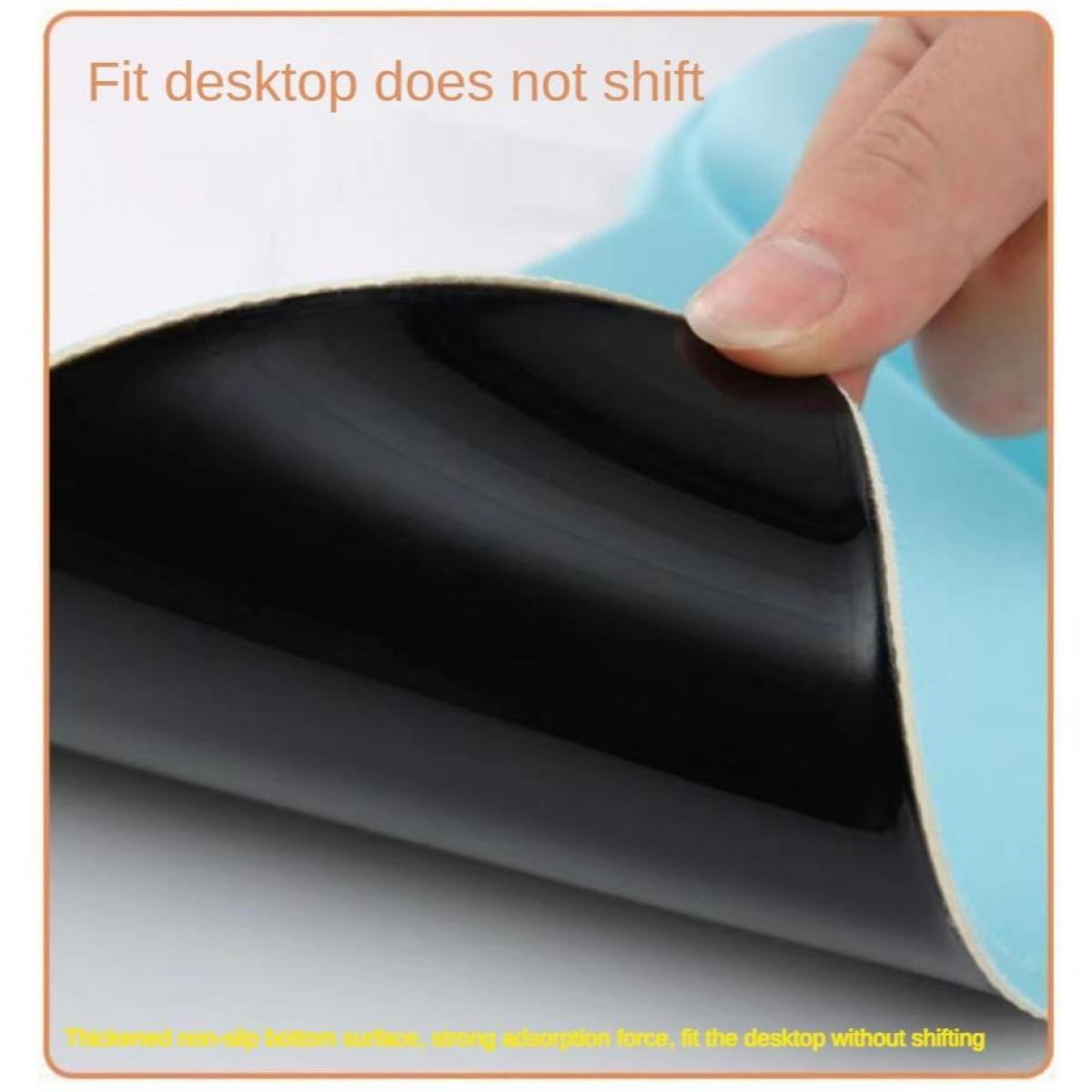 Eine Hand hebt eine schwarze Matte von einer blauen Oberfläche ab. Text: 'Passt sich dem Desktop an'.