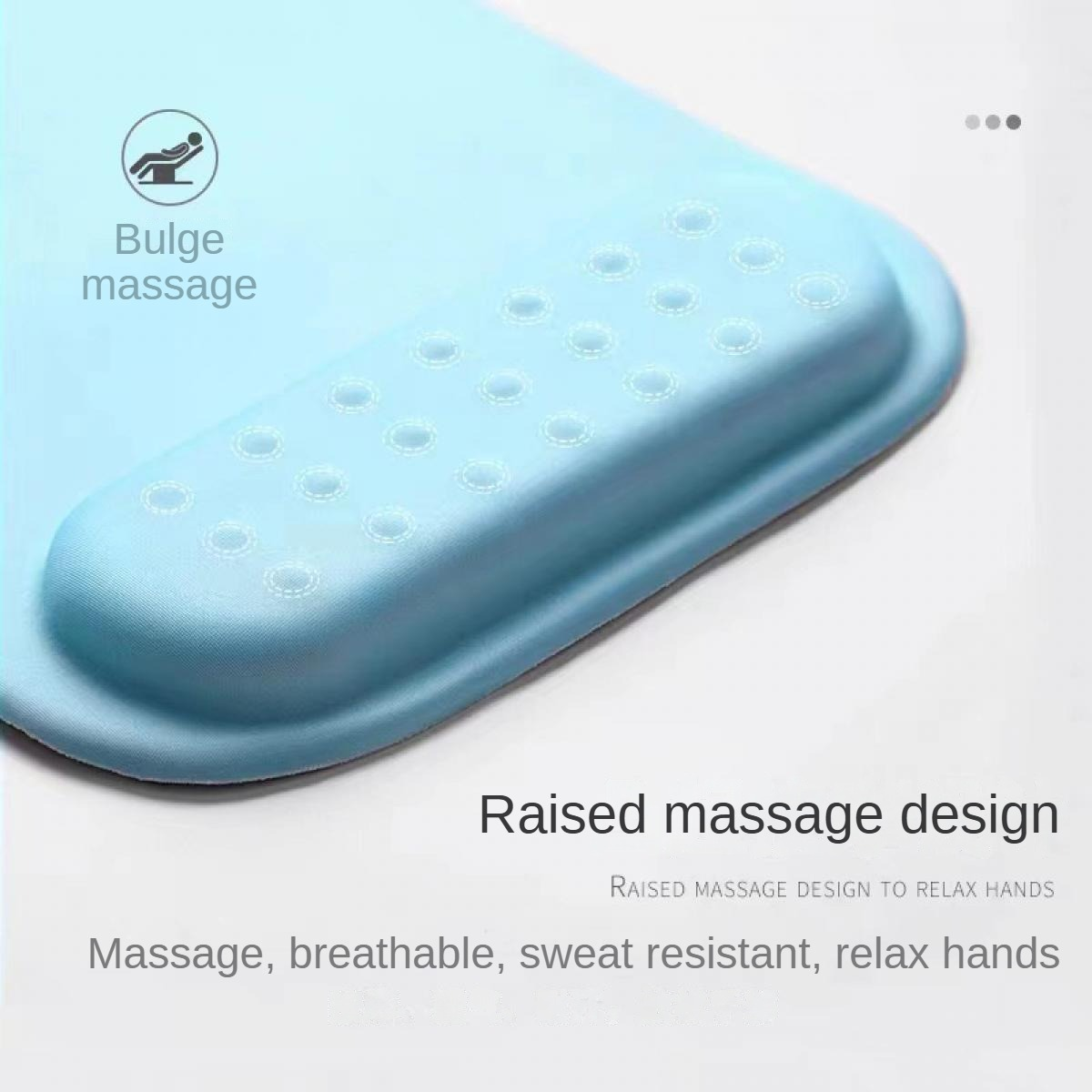 Blaue Handauflage mit erhabenem Massagedesign. Text: Beulenmassage, Erhöhtes Massagedesign. Merkmale Massage, atmungsaktiv, schweißbeständig.