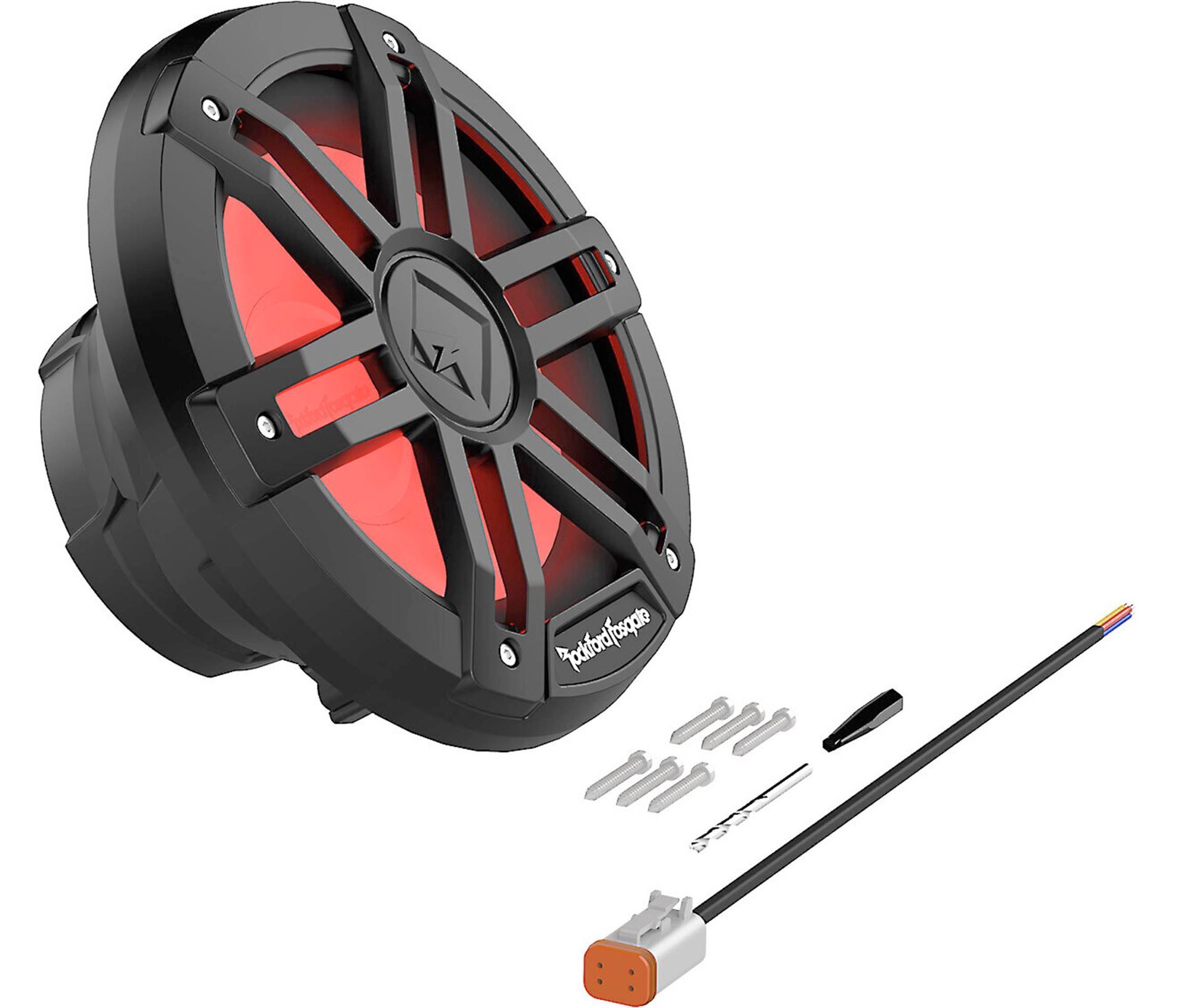 Schwarzer Lautsprecher mit roter Innenausstattung, Schrauben, Draht und Stecker. Rockford Fosgate Logo sichtbar.