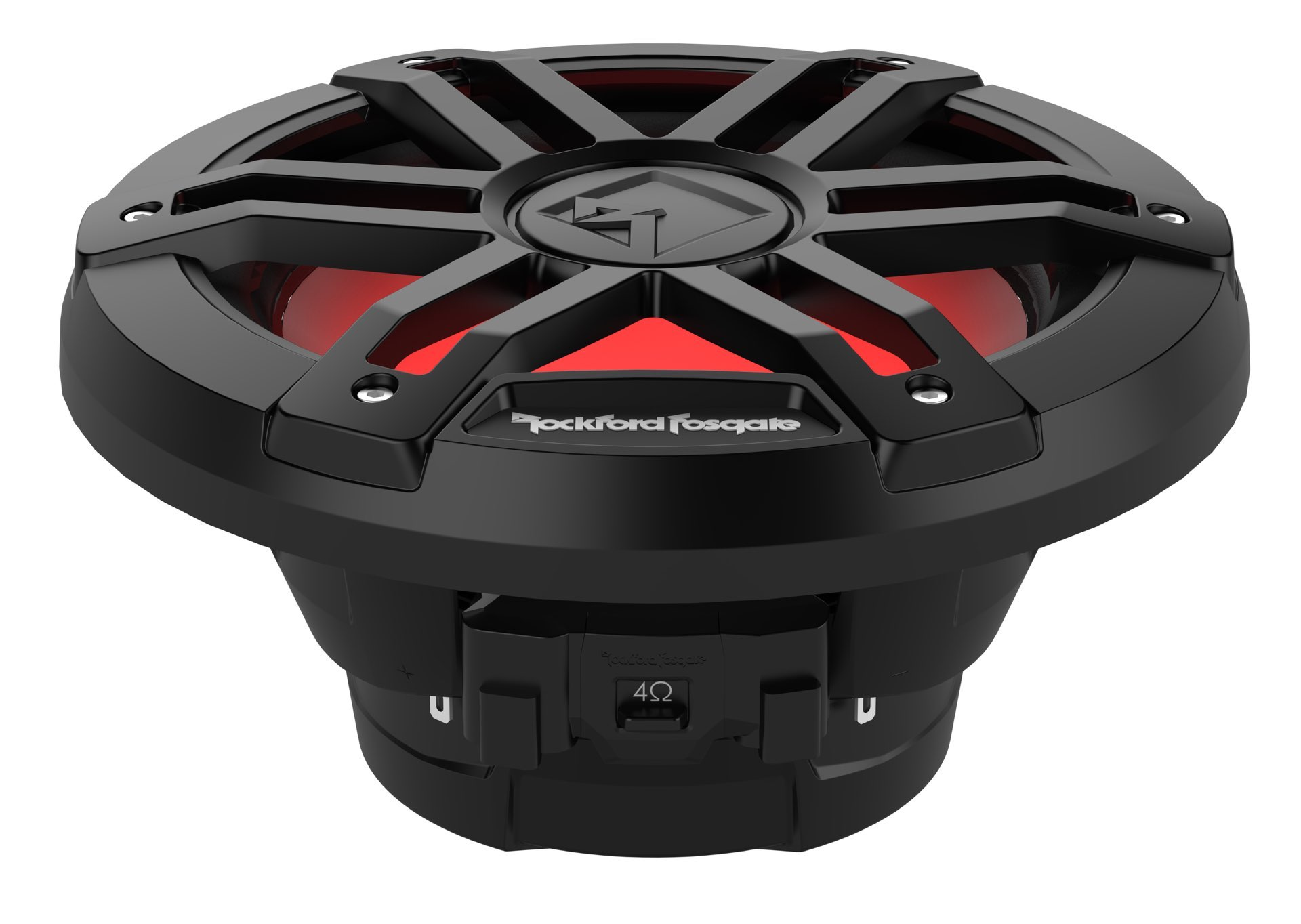 Schwarzer Rockford Fosgate-Lautsprecher mit rotem Innenraum. Er hat ein Mesh-Gitter und eine 4Ω-Widerstandsbewertung auf der Rückseite.