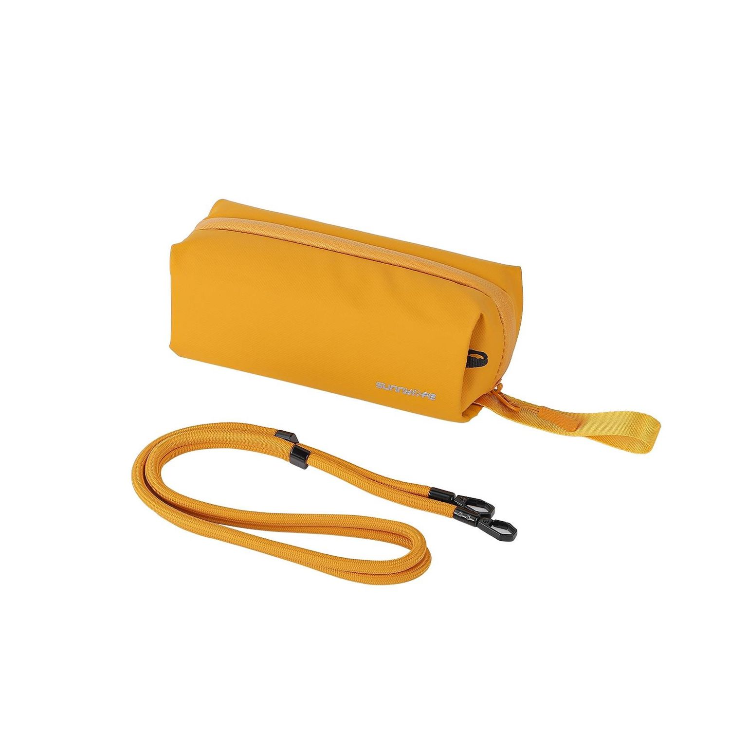 Una borsa rettangolare arancione con cerniera, un cinturino giallo e una corda gialla.