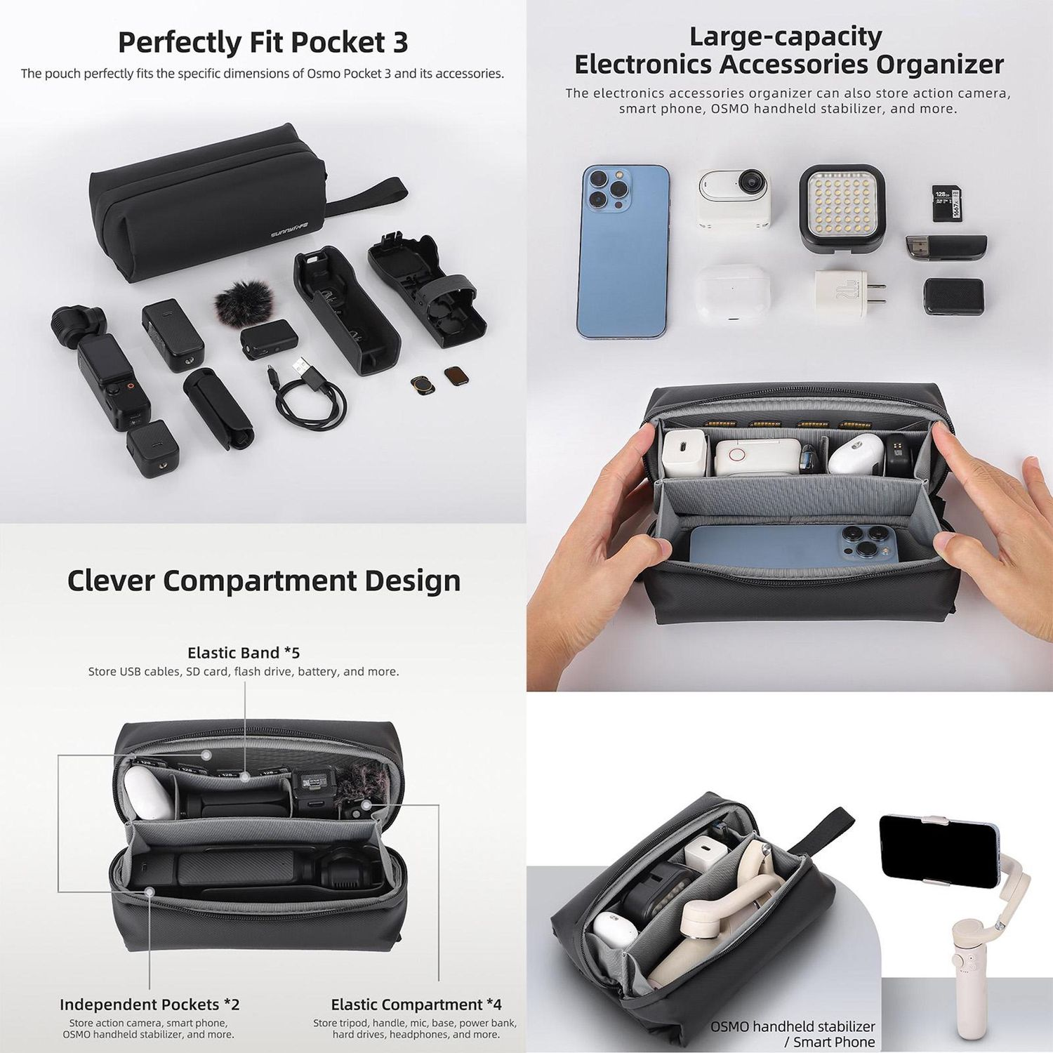 Borsa organizer nera con accessori. Include telefono, fotocamera, caricabatterie e stabilizzatore. Testo: Perfectly Fit Pocket 3, Clever Compartment Design.