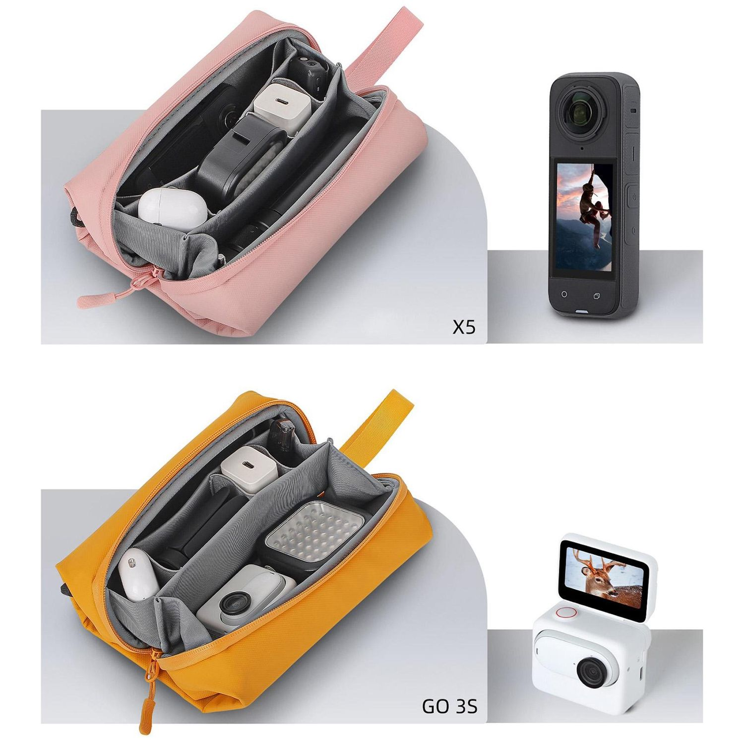 Borse per fotocamere rosa e gialle con accessori e due fotocamere. Una fotocamera mostra un alpinista, l'altra un cervo.