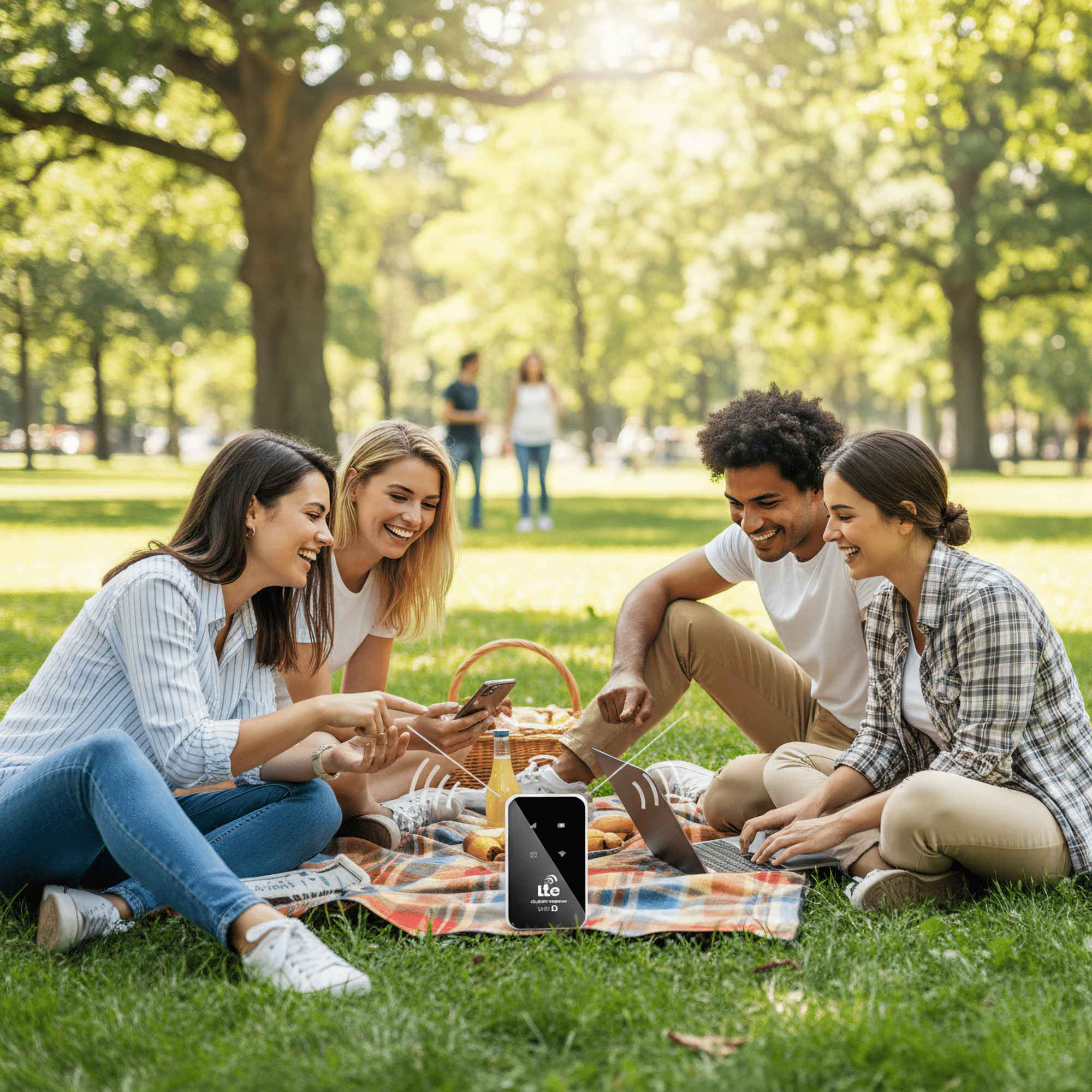 Vier Personen im Park auf einer Picknickdecke mit Laptop, Telefon und WLAN-Hotspot, lachen und genießen den Tag.