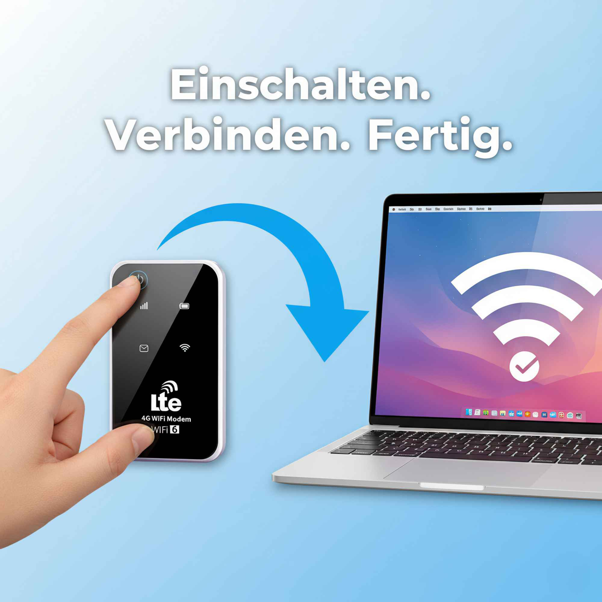 Hand hält ein Modem, das sich mit einem Laptop mit WLAN-Symbol verbindet. Text: Einschalten, Verbinden, Fertig.