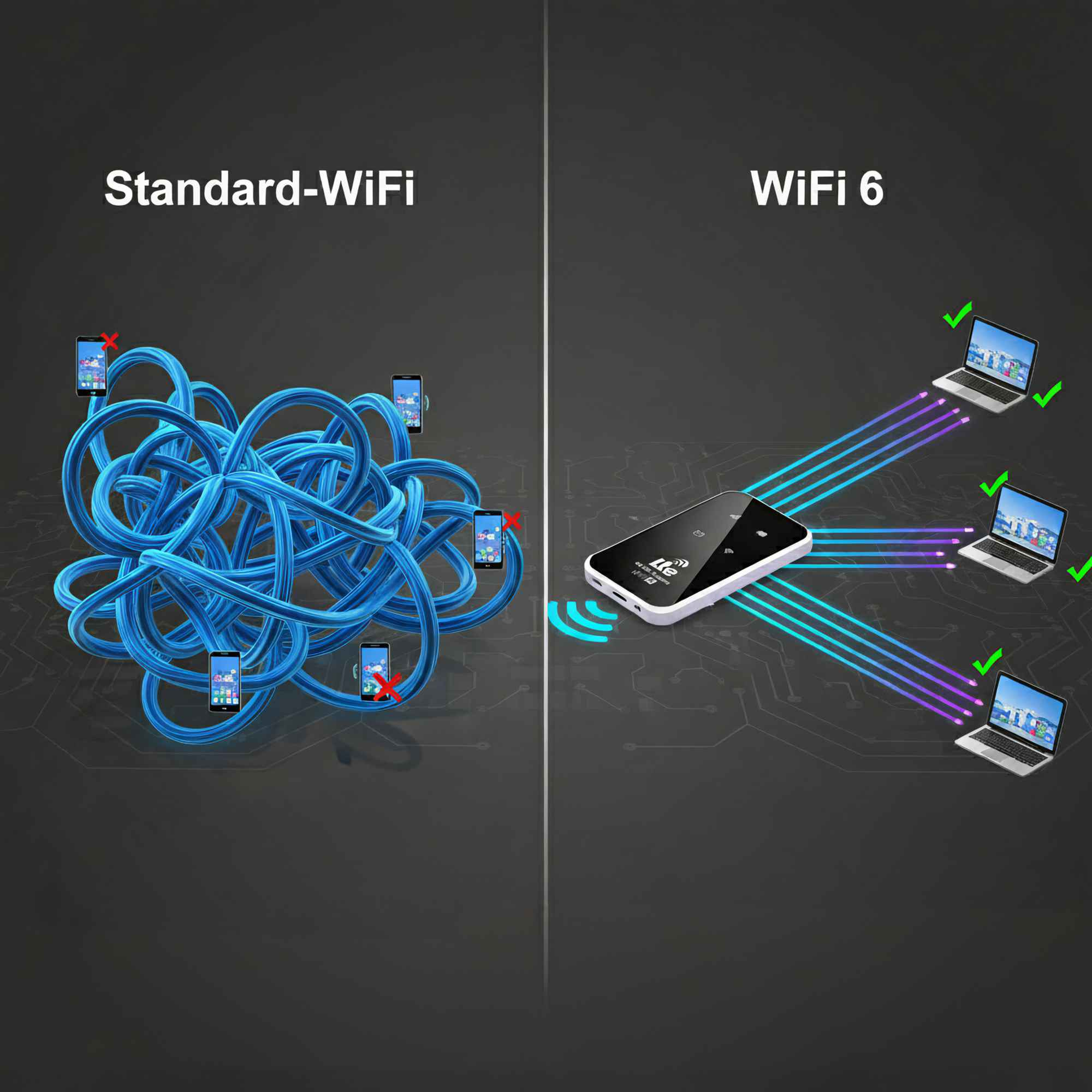 Das Bild vergleicht Standard-WLAN und WLAN 6. Standard-WLAN zeigt verschlungene Kabel und Telefone mit roten X. WLAN 6 hat ein Gerät, das sich mit Laptops verbindet.
