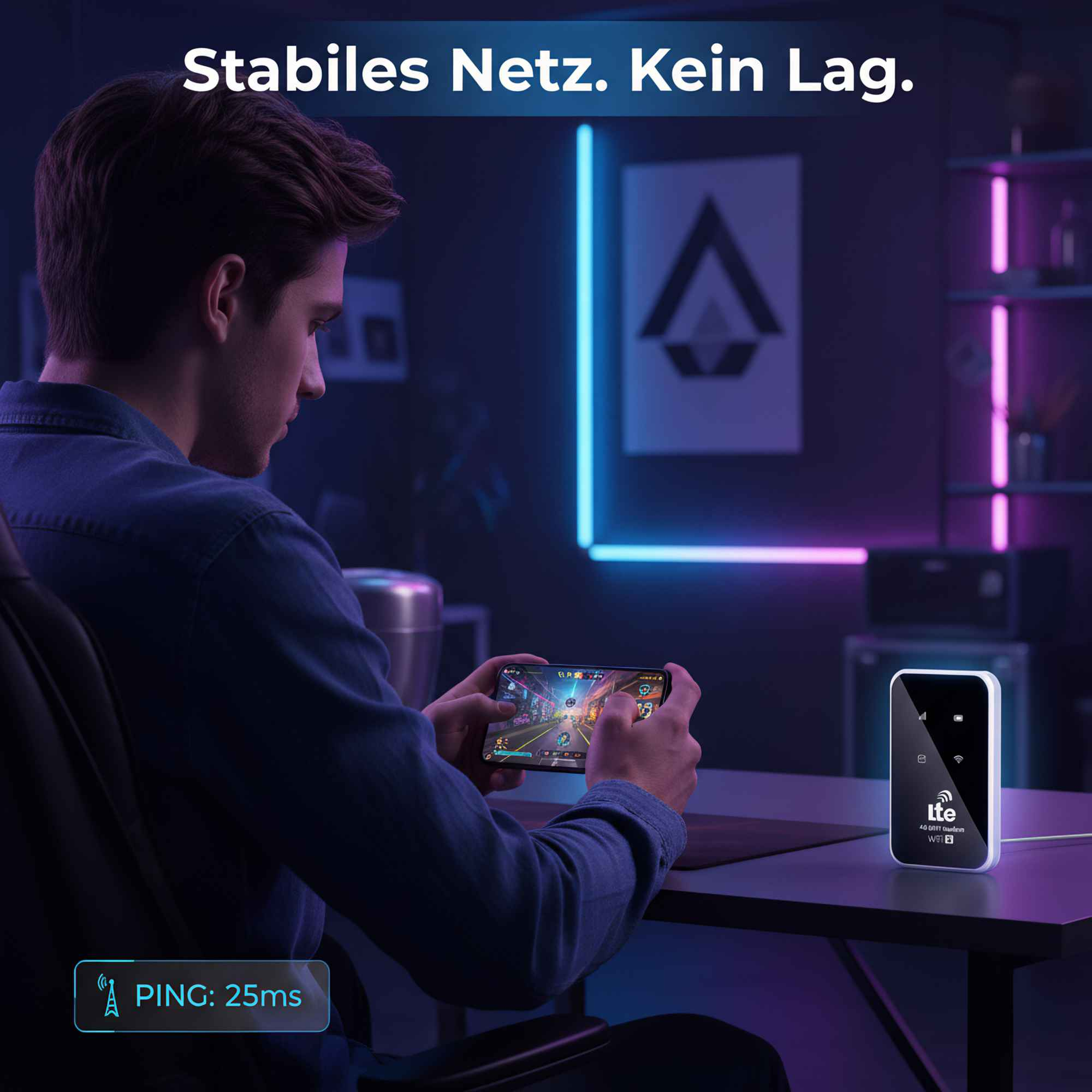 Ein Mann spielt ein Spiel auf seinem Handy. Ein weißes LTE-Gerät liegt auf dem Tisch. Der Hintergrund ist dunkel mit Neonlichtern.