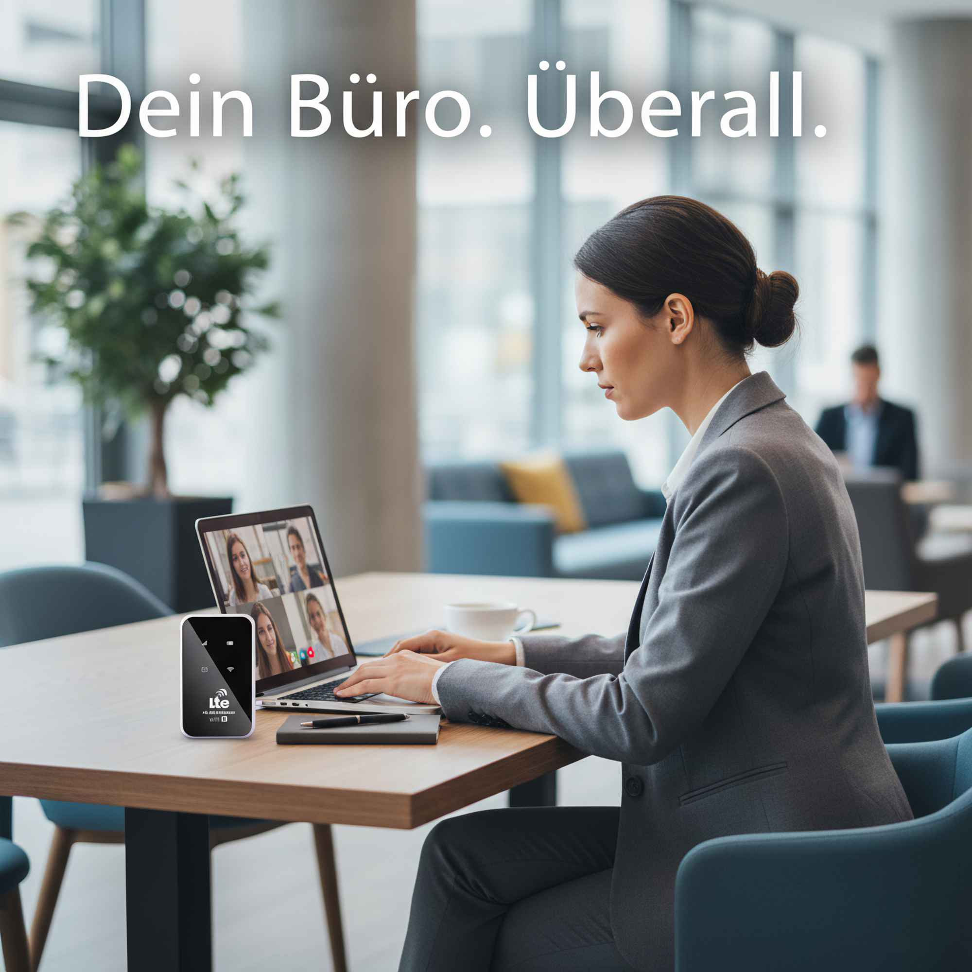 Eine Frau im Anzug telefoniert per Video. Ein Router steht auf dem Tisch. Im Hintergrund ist ein Büro zu sehen.
