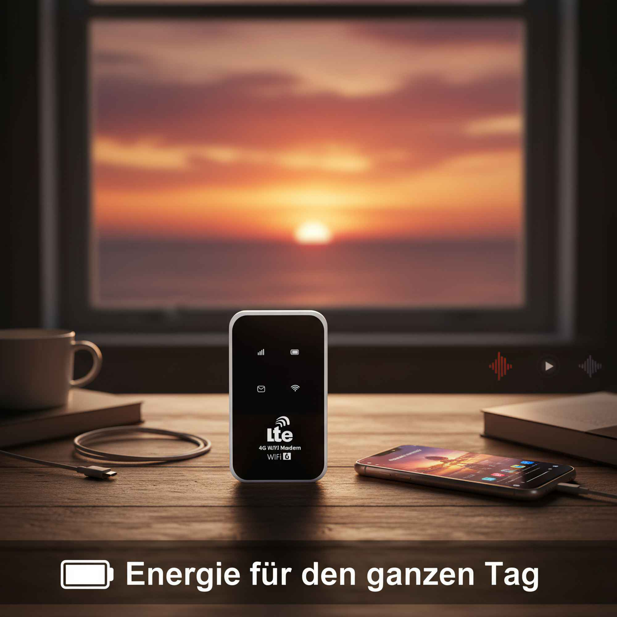 Ein WLAN-Modem, Telefon und Tasse auf einem Tisch mit Sonnenuntergang im Hintergrund. Das Modem zeigt Signalbalken.