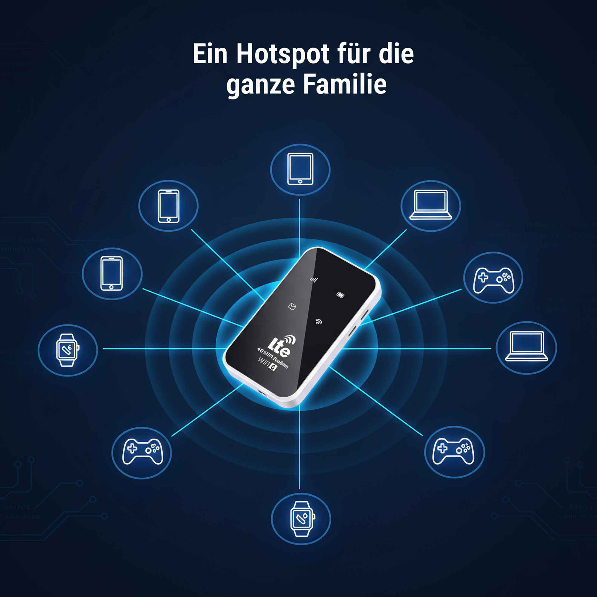 Ein mobiles Hotspot-Gerät, umgeben von Symbolen für Telefone, Laptops und Gamecontroller, vor blauem Hintergrund.