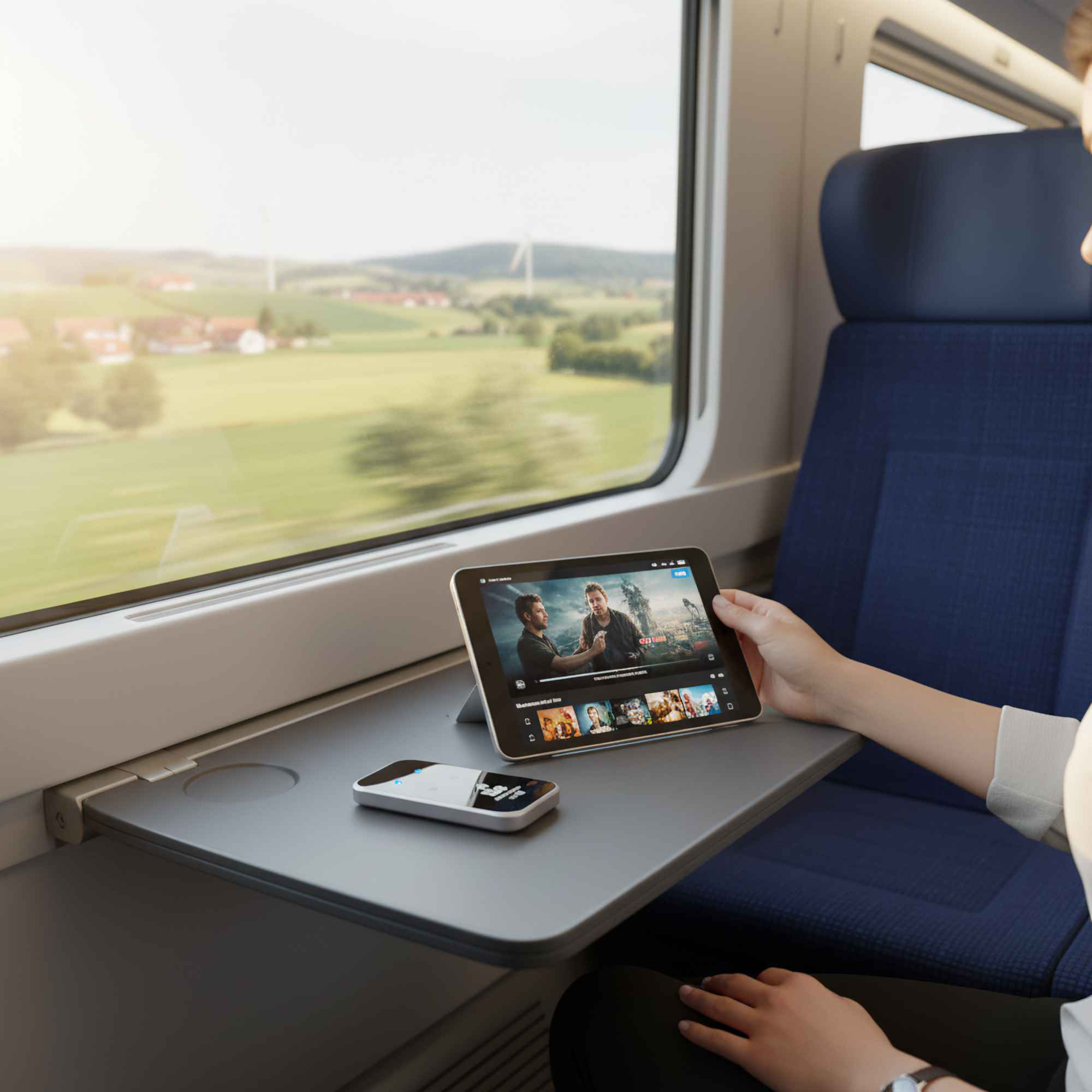 Eine Person im Zug schaut einen Film auf einem Tablet. Draußen ist eine grüne Landschaft mit Feldern und einer Windmühle zu sehen.