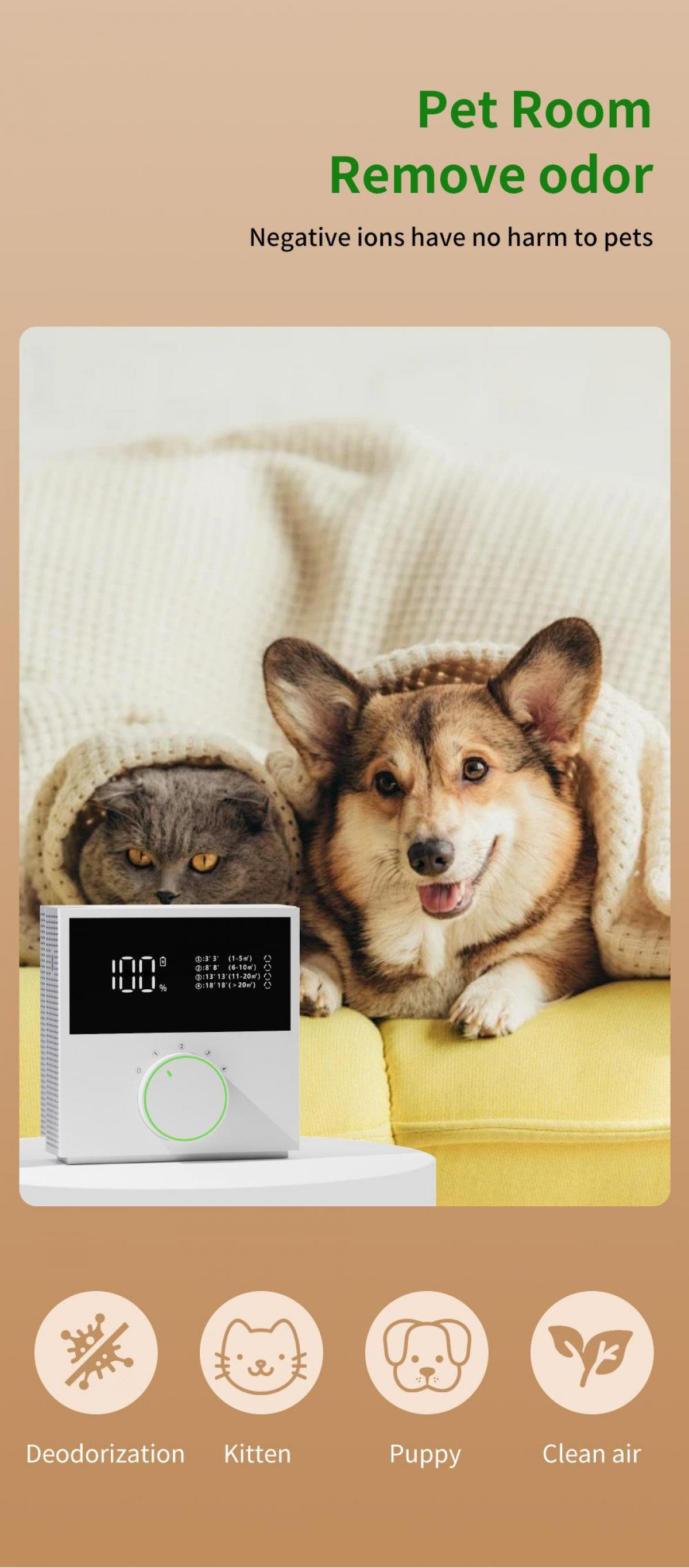 Katze und Hund unter einer Decke, mit Luftreiniger und Symbolen für Desodorierung, Kätzchen, Welpen und saubere Luft.