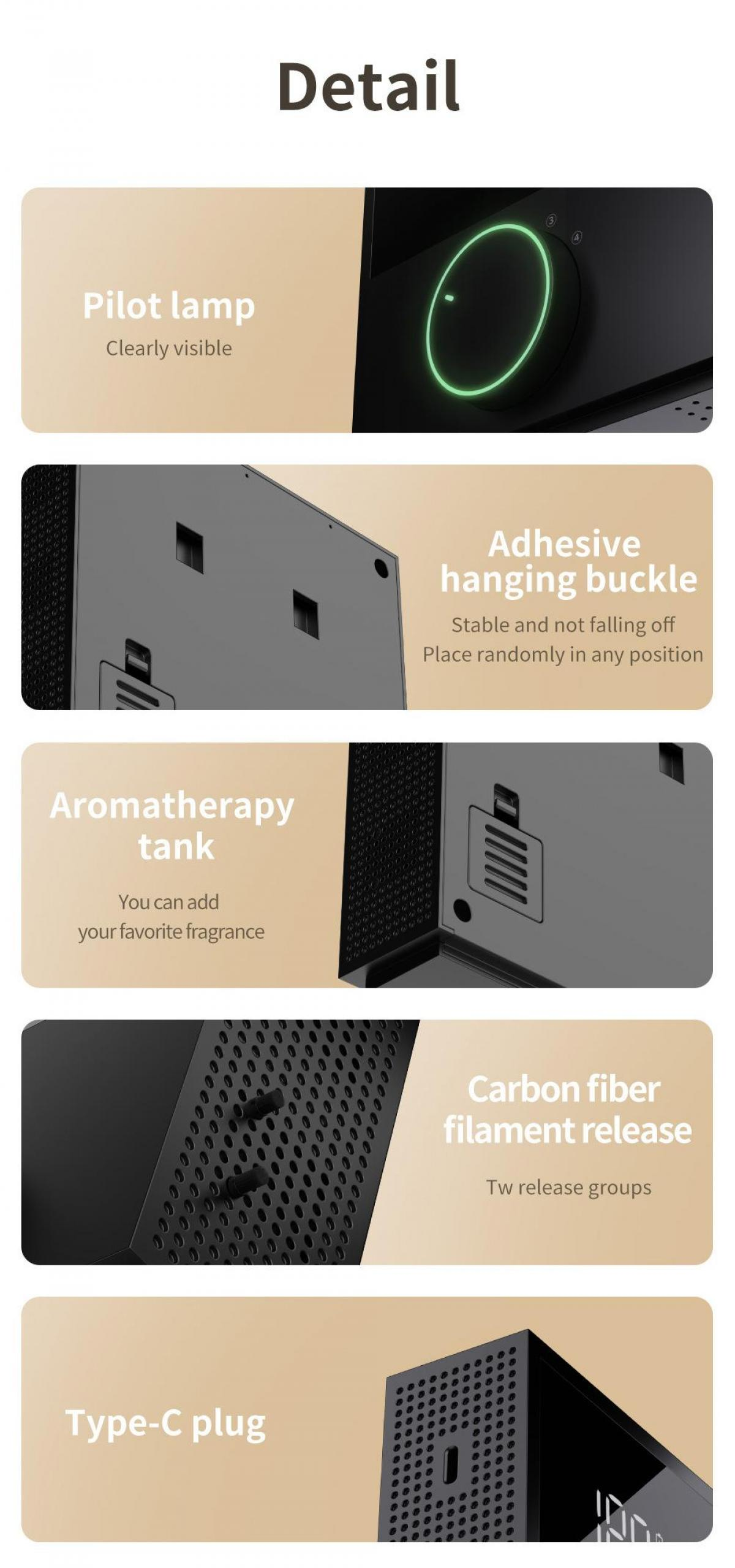 Das Bild zeigt eine Kontrollleuchte, einen Klebehaken, einen Aromatherapie-Tank, eine Kohlefaserfreigabe und einen Typ-C-Stecker.