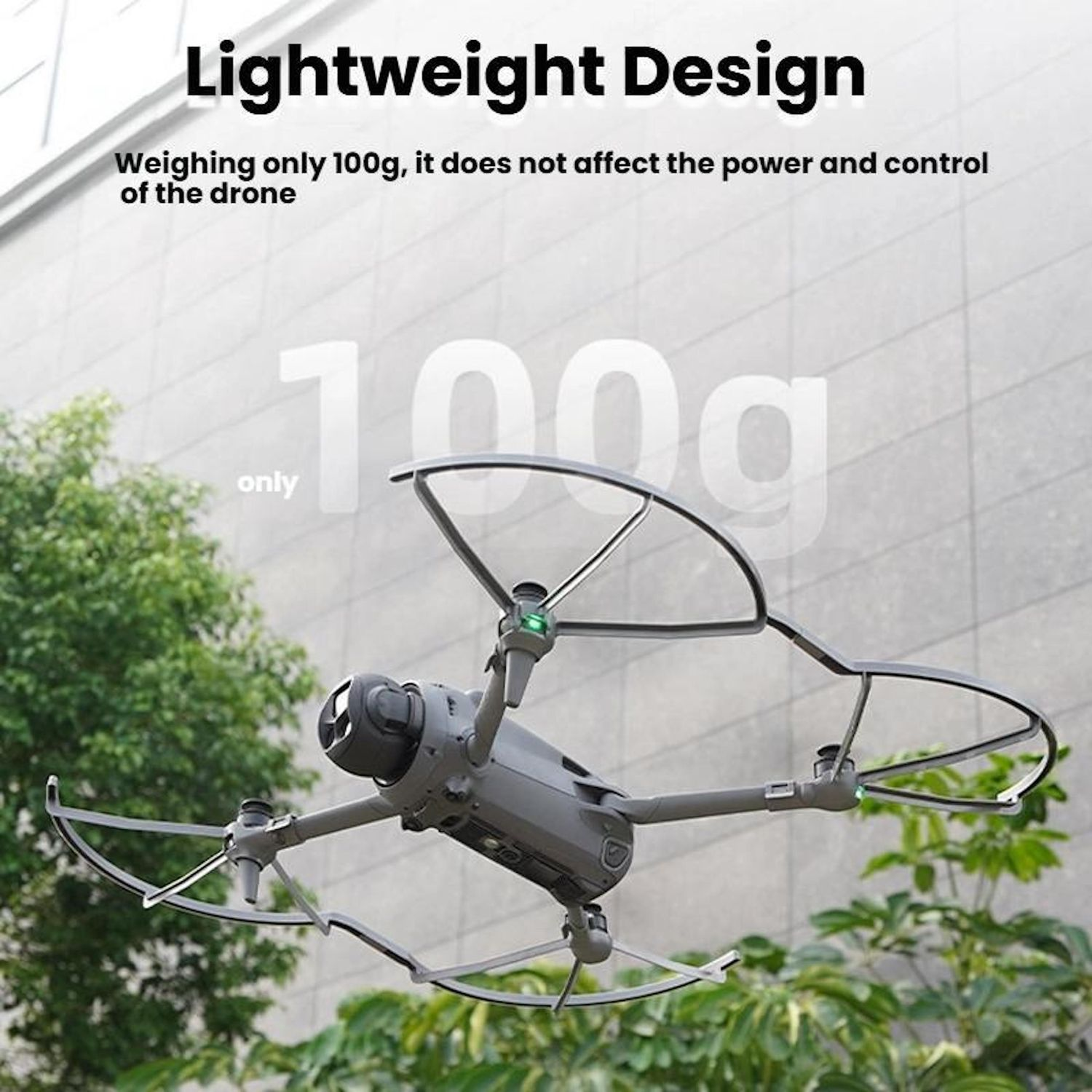 Eine graue Drohne fliegt vor einem Gebäude und Laub. Der Text lautet 'Leichtes Design' und '100g nur'.