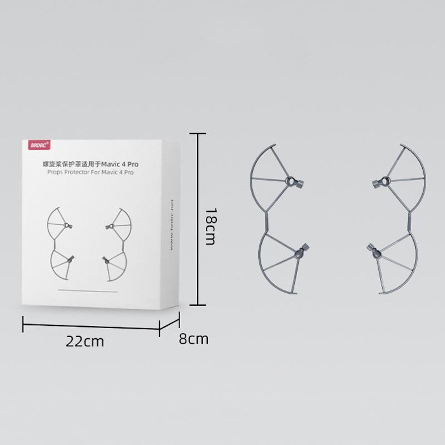 Eine weiße Box mit Text und Abmessungen. Zwei Propellerschutzvorrichtungen befinden sich rechts. Größen sind 22 cm, 8 cm und 18 cm.