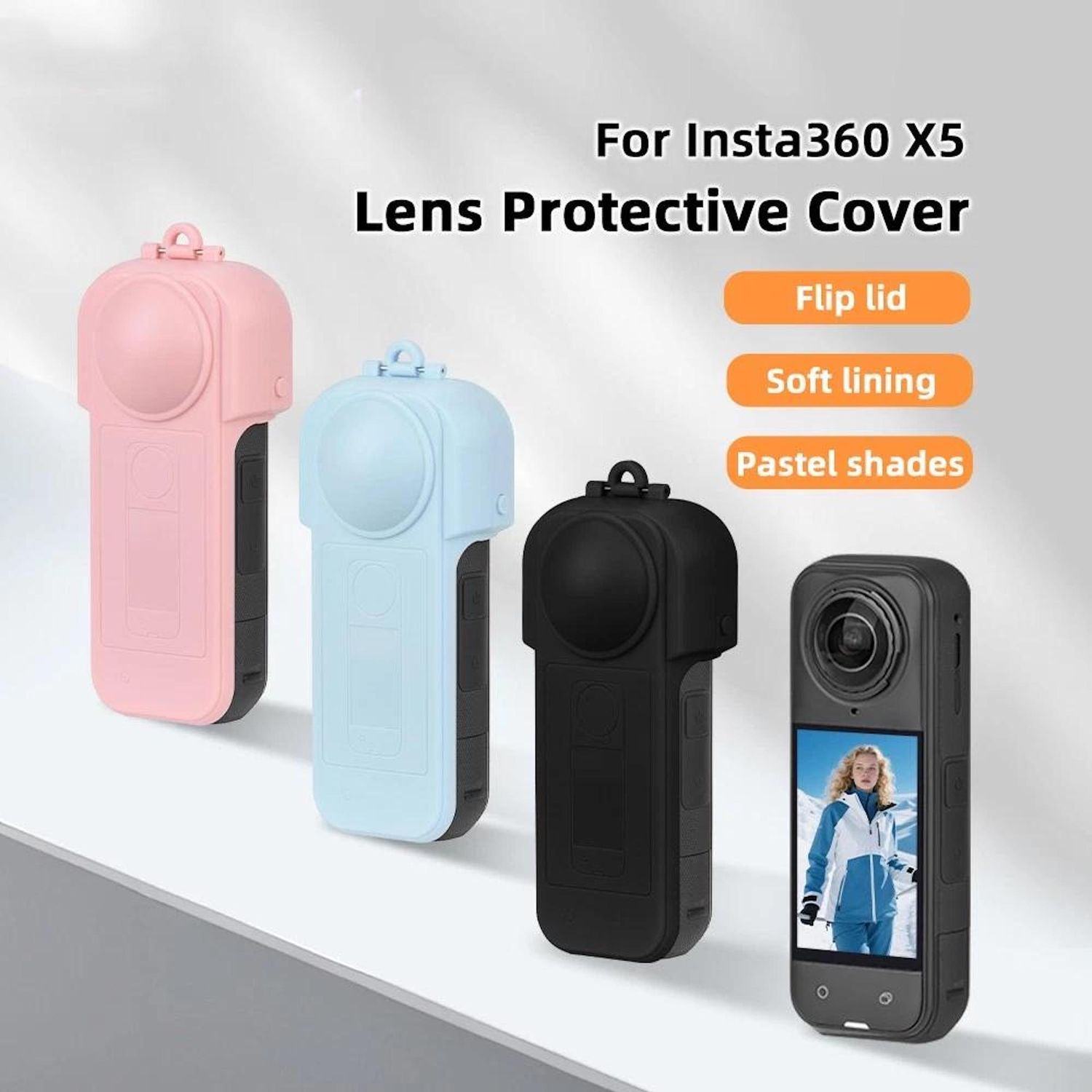 Vier Insta360 X5 Objektivschutzhüllen: rosa, blau, schwarz und eine Kamera. Text: Für Insta360 X5 Objektivschutzhülle.