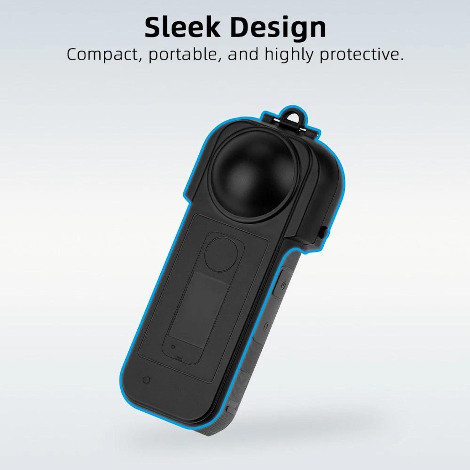 Eine schwarze Kameratasche mit blauem Umriss, leicht angewinkelt. Text: 'Sleek Design Compact, portable, and highly protective.'