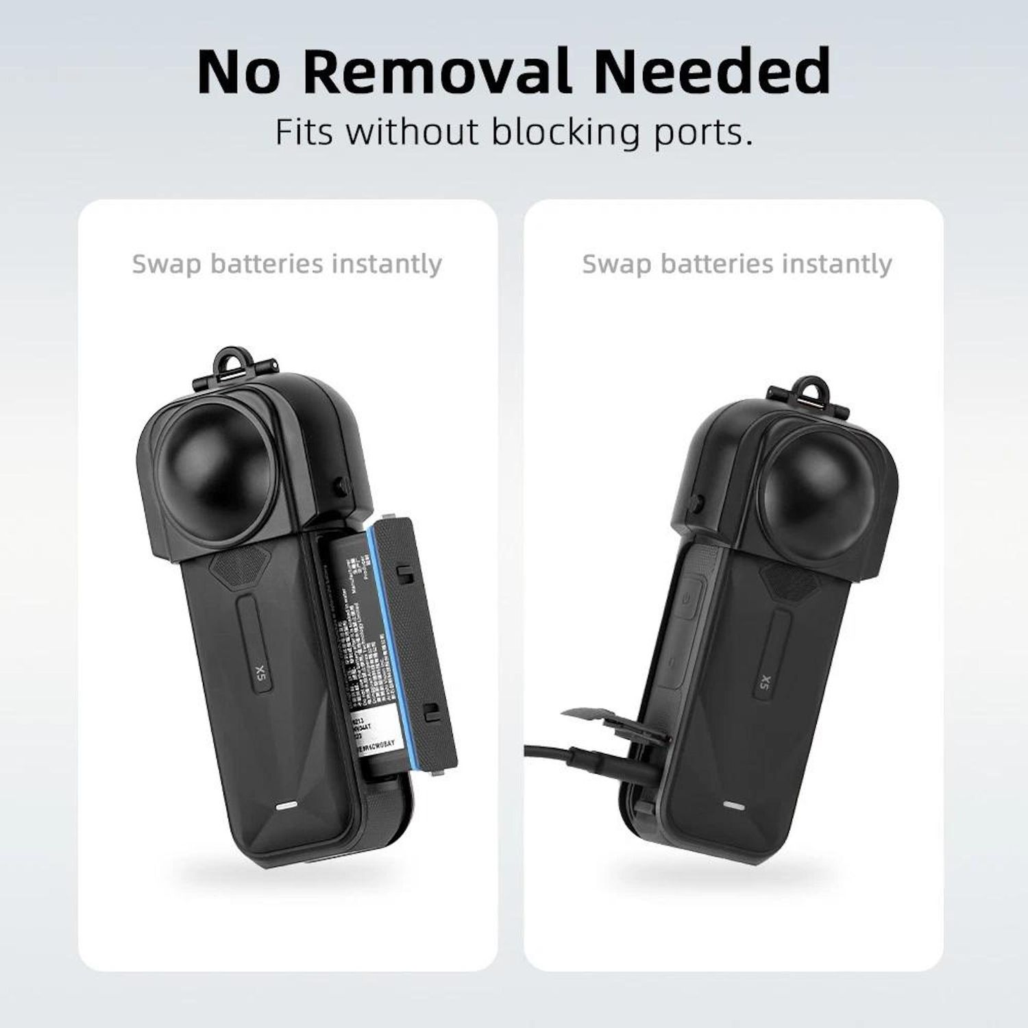 Zwei schwarze Geräte mit Illustrationen zum Batteriewechsel. Eines zeigt das Einsetzen der Batterie, das andere mit angeschlossenem Kabel.