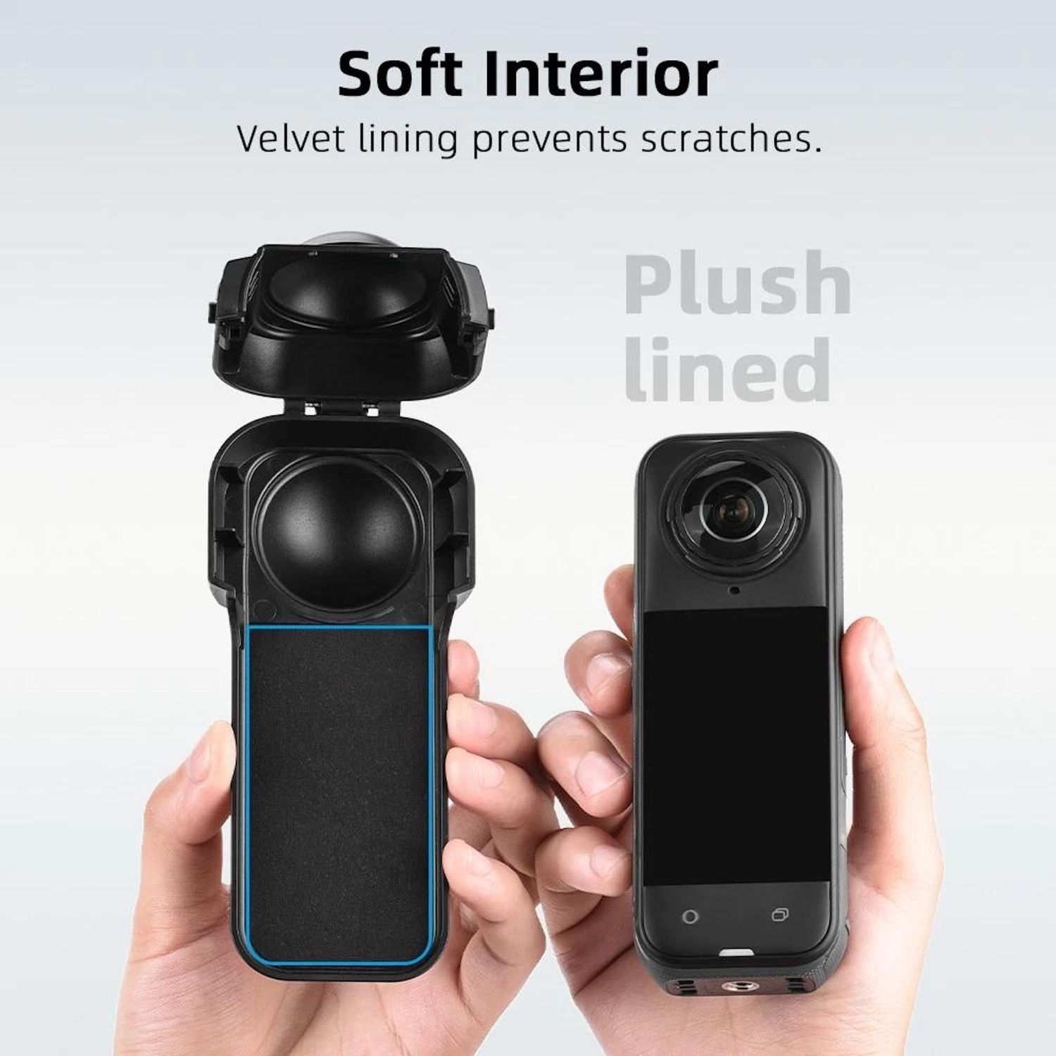 Due mani tengono una fotocamera nera e la sua custodia. La custodia è aperta, mostrando l'interno. Il testo dice 'Soft Interior' e 'Plush lined'.