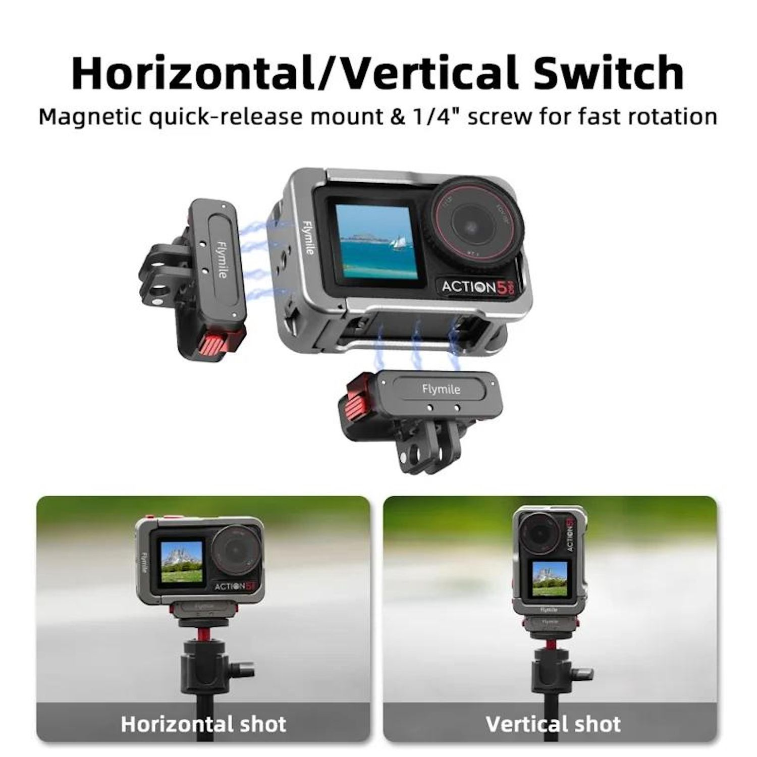Viene mostrata una fotocamera con supporti magnetici. Può passare tra scatti orizzontali e verticali.