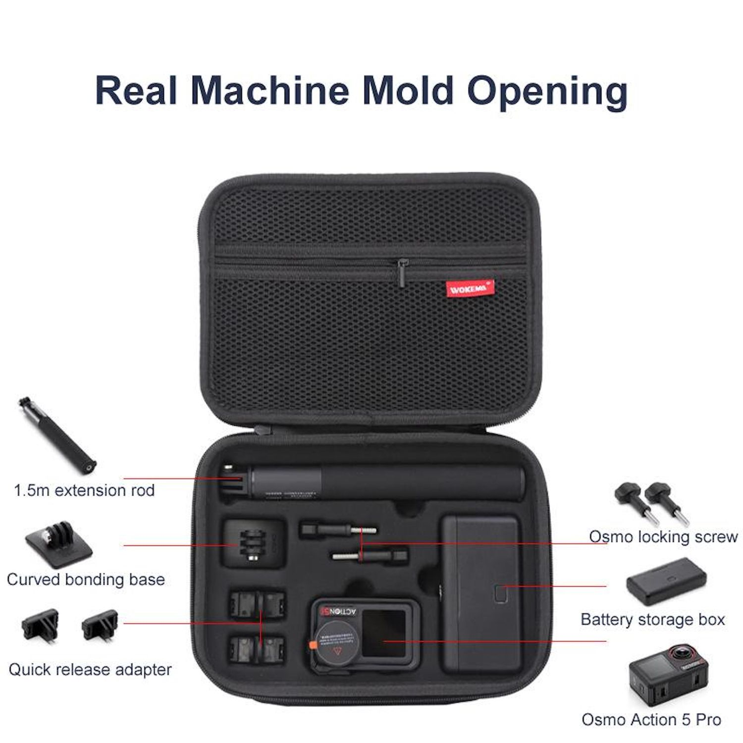 Eine schwarze Tragetasche mit Zubehör: Verlängerungsstange, gebogene Basis, Adapter, Kamera, Batteriekasten und Schrauben. Die Tasche ist offen.