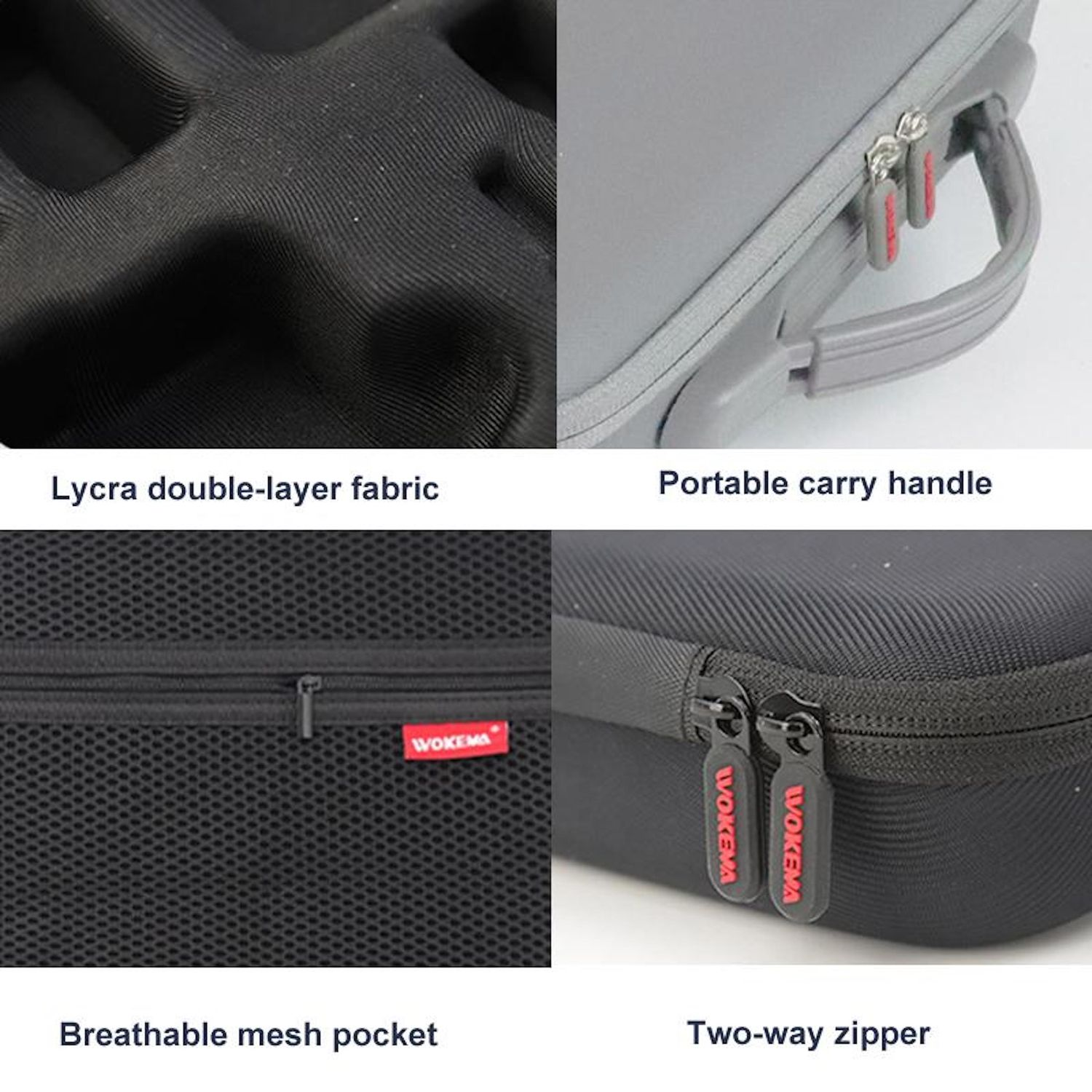 Das Bild zeigt Details einer Tragetasche: Lycra-Gewebe, Griff, Netztasche und Zwei-Wege-Reißverschluss. Details sind beschriftet.