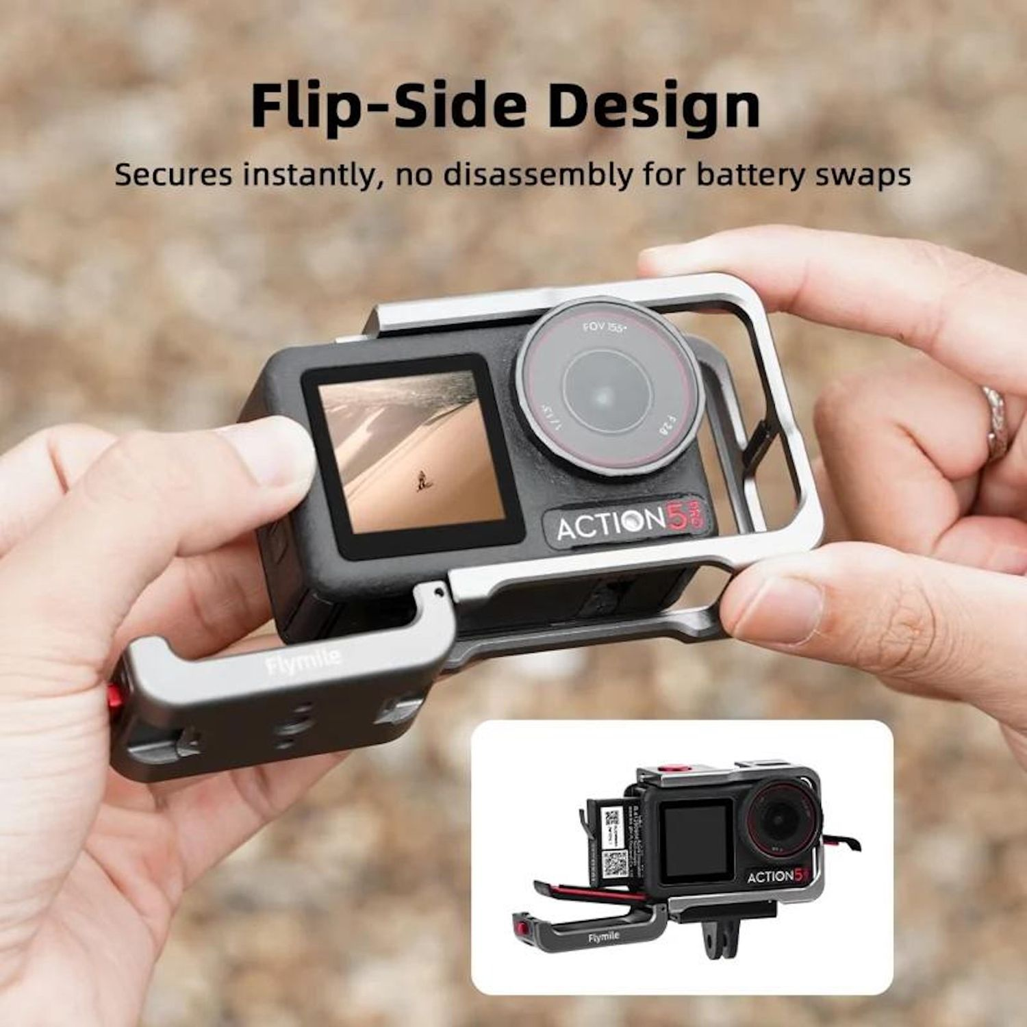 Una persona tiene una action cam in una cornice argentata. La fotocamera ha un design a lato ribaltabile con il marchio 'Flymile'.
