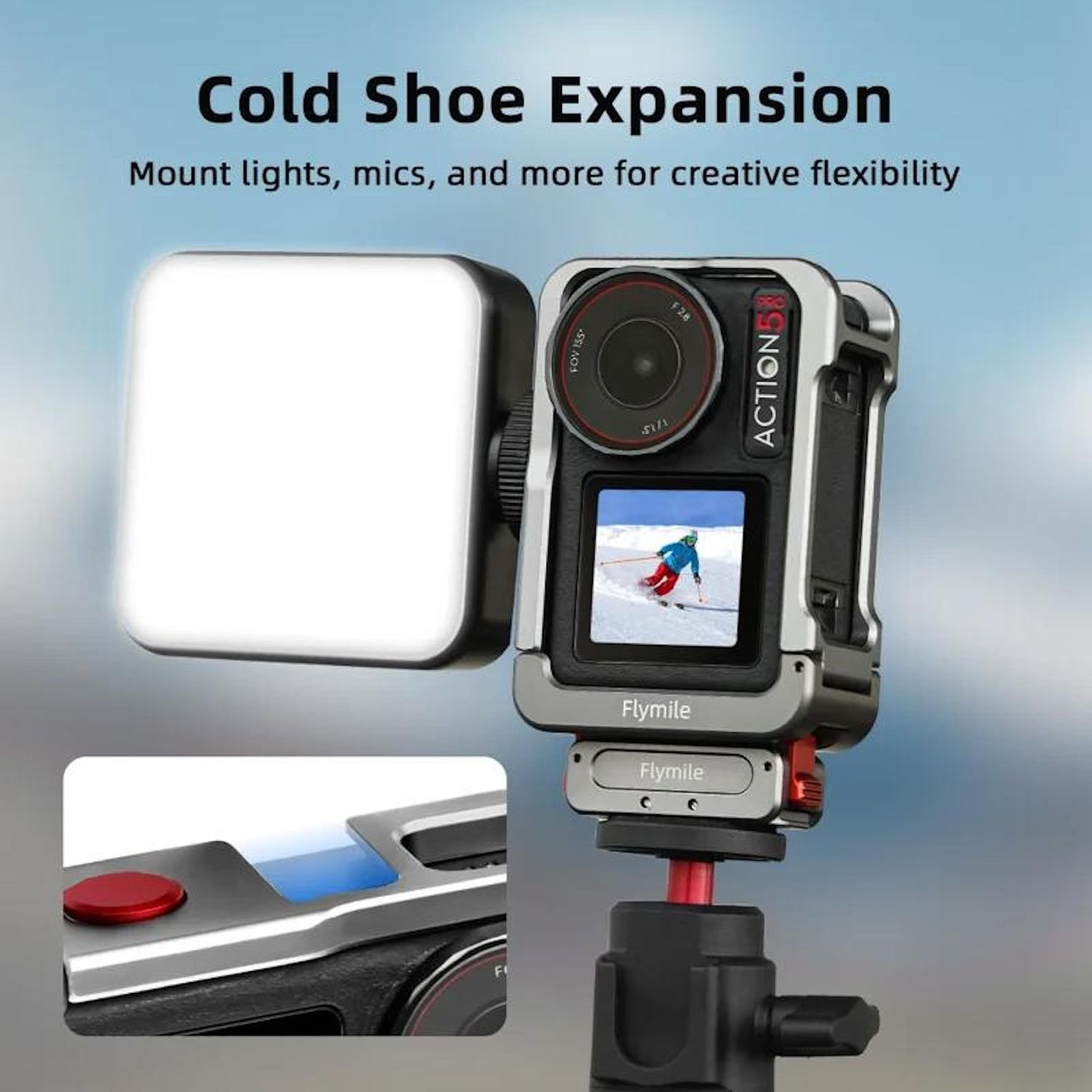 Una action camera con schermo che mostra uno sciatore, accanto a una luce. Titolo: Cold Shoe Expansion. Monta luci, microfoni e altro.