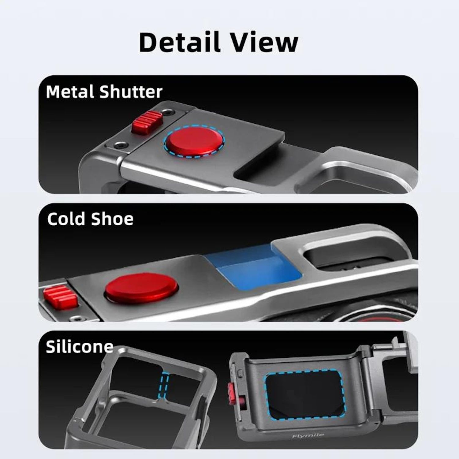 Vista dettagliata di un accessorio per fotocamera. Mostra parti metalliche, pulsanti rossi, slitta a contatto e componenti in silicone. Etichette: Metal Shutter, Cold Shoe, Silicone.