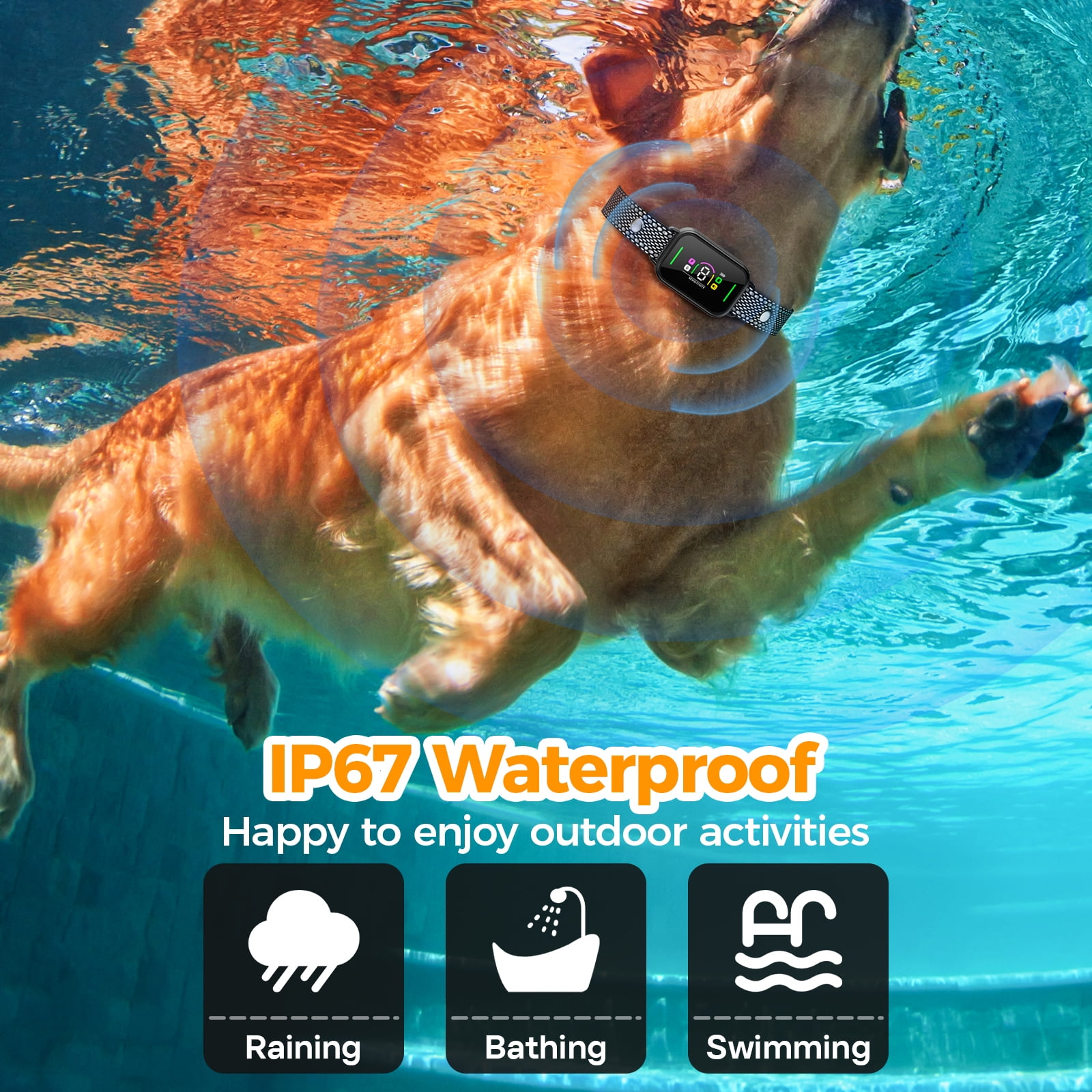 Ein Hund schwimmt unter Wasser mit einem wasserdichten Halsband. Symbole zeigen Regen, Baden und Schwimmen. Text: IP67 Wasserdicht.