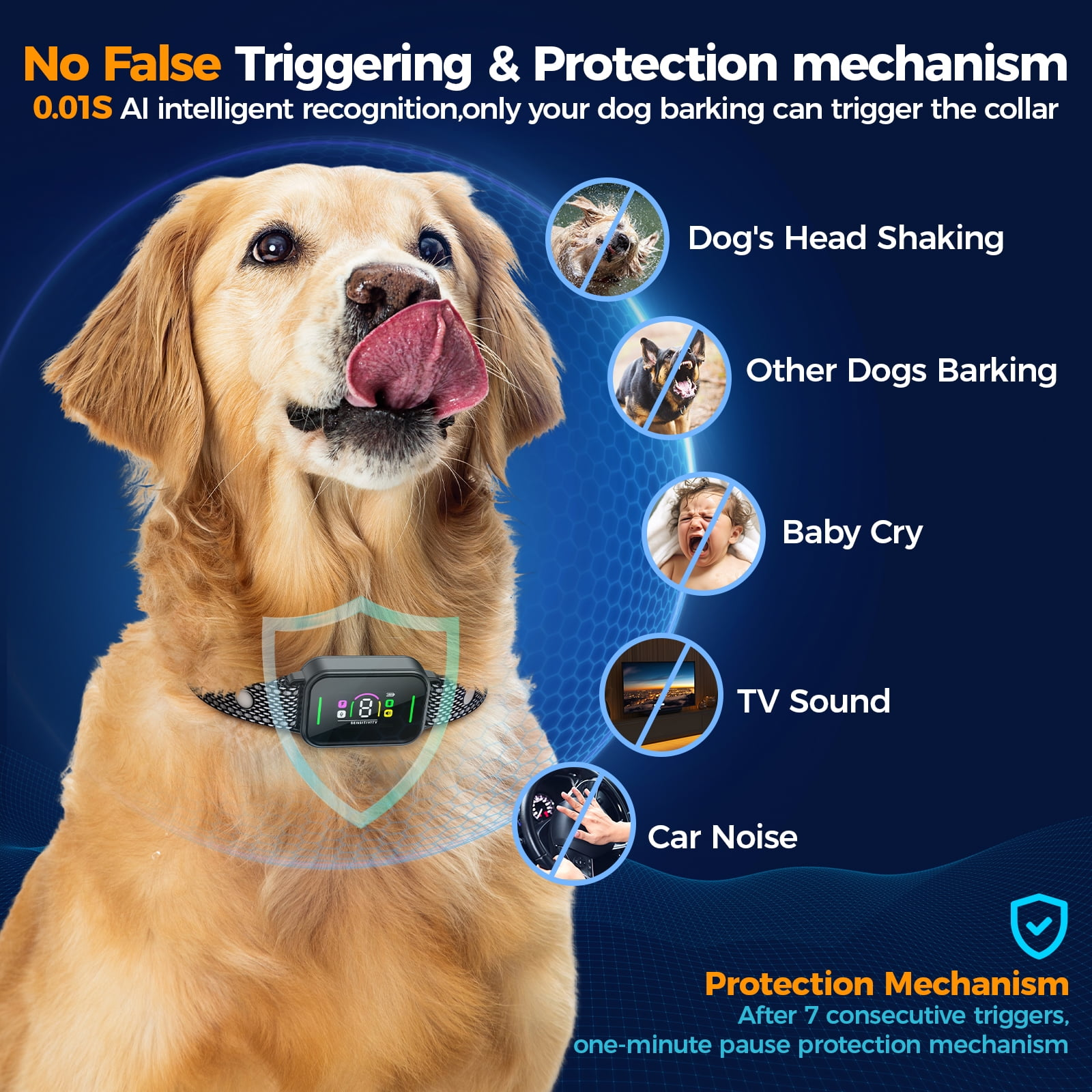 Ein goldener Retriever mit Halsband. Das Bild zeigt Funktionen des Halsbandes und was es auslöst, wie Bellen, Babygeschrei usw.