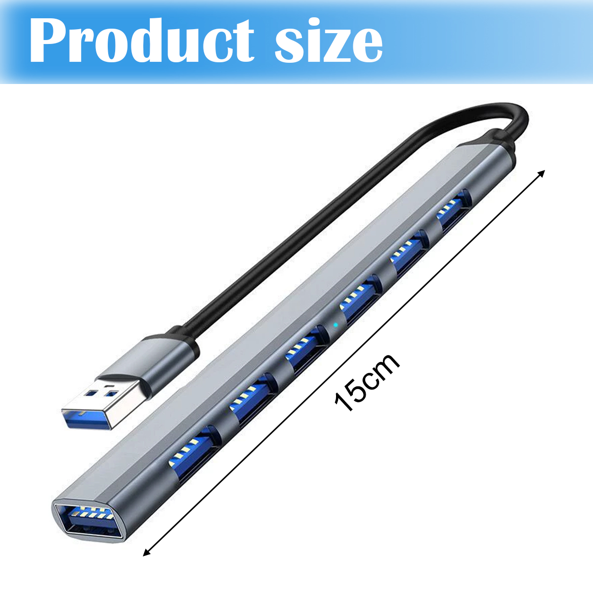 Ein silberner USB-Hub mit schwarzem Kabel. Er hat mehrere USB-Anschlüsse mit blauem Innenraum. Die Produktgröße wird mit 15 cm angegeben.