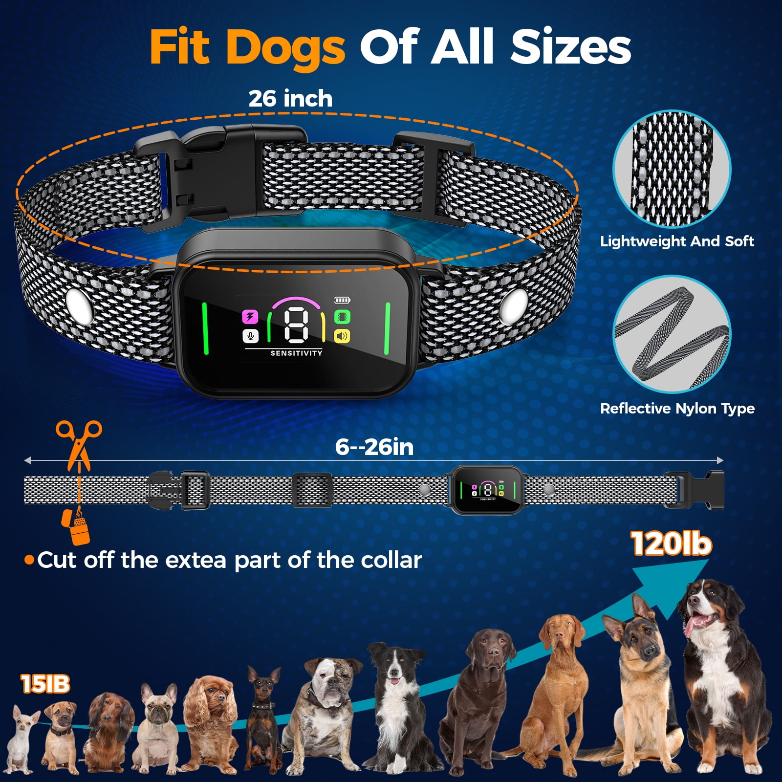 Das Bild zeigt ein Hundehalsband mit Display und eine Reihe von Hunden. Text: Fit Dogs Of All Sizes, 26 Zoll und 120 lb.