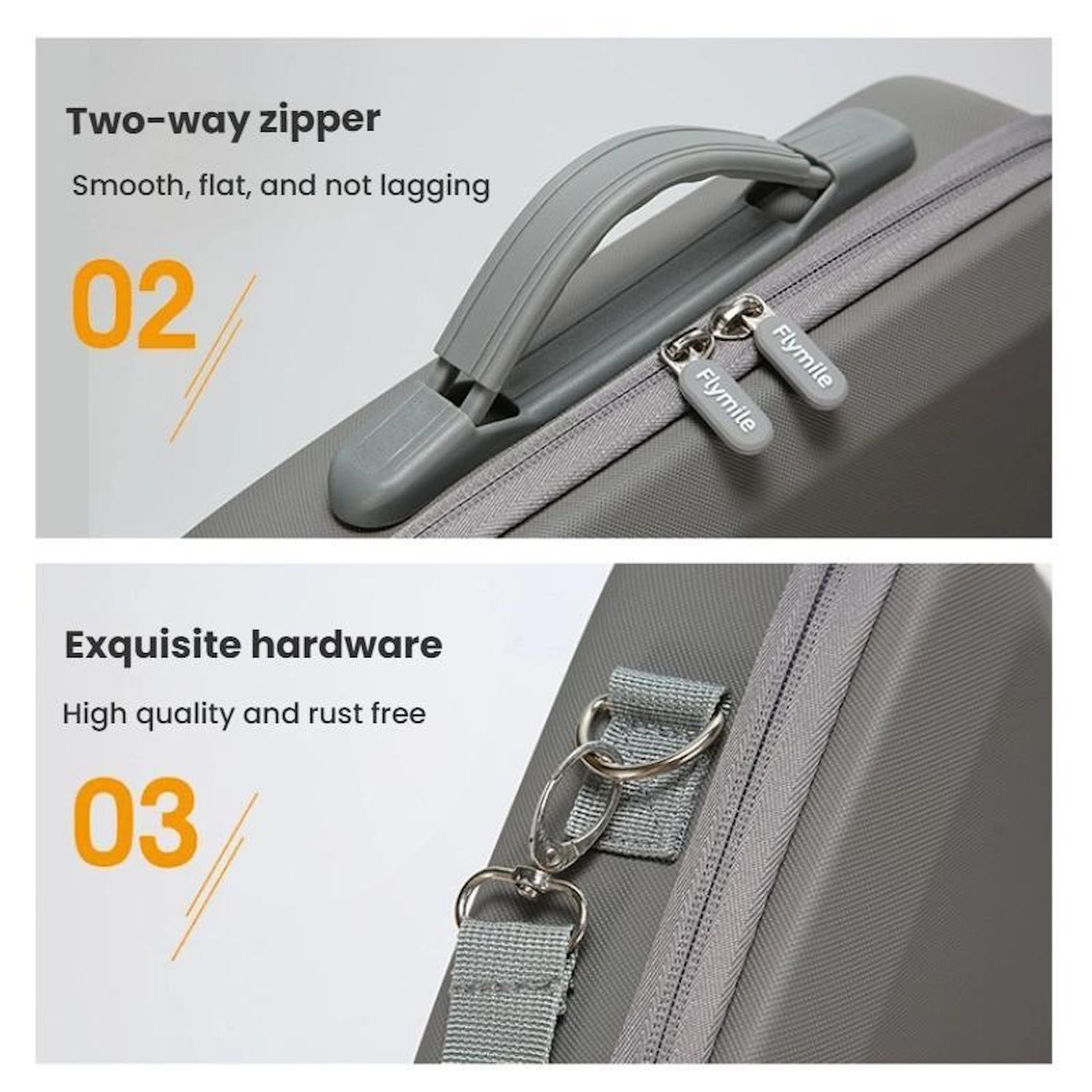 Custodia grigia con manico e cerniere. Testo: Cerniera a due vie, hardware raffinato. Marchio Flymile.