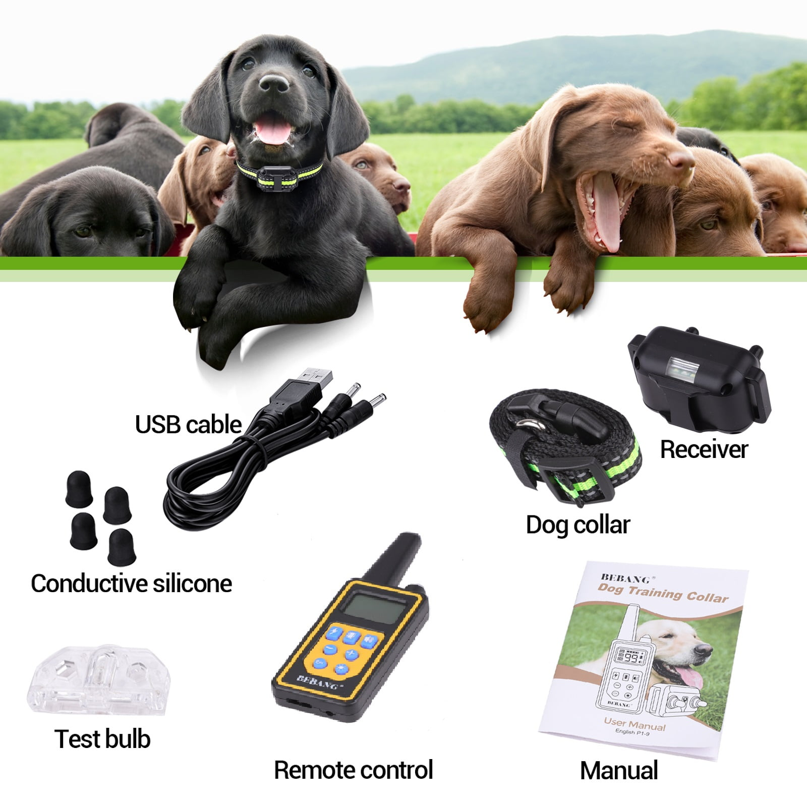 Das Bild zeigt Komponenten eines Hundetrainingshalsbands: Hunde, Halsband, Fernbedienung, Empfänger, USB-Kabel, Silikon, Birne und Handbuch.