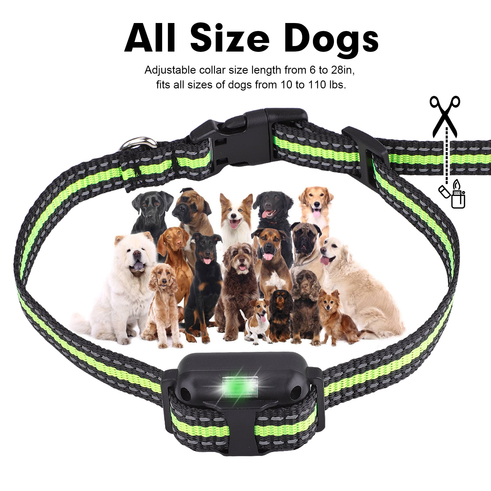 Das Bild zeigt ein Hundehalsband mit einer Gruppe von Hunden dahinter. Der Text lautet 'All Size Dogs' und beschreibt das Halsband.