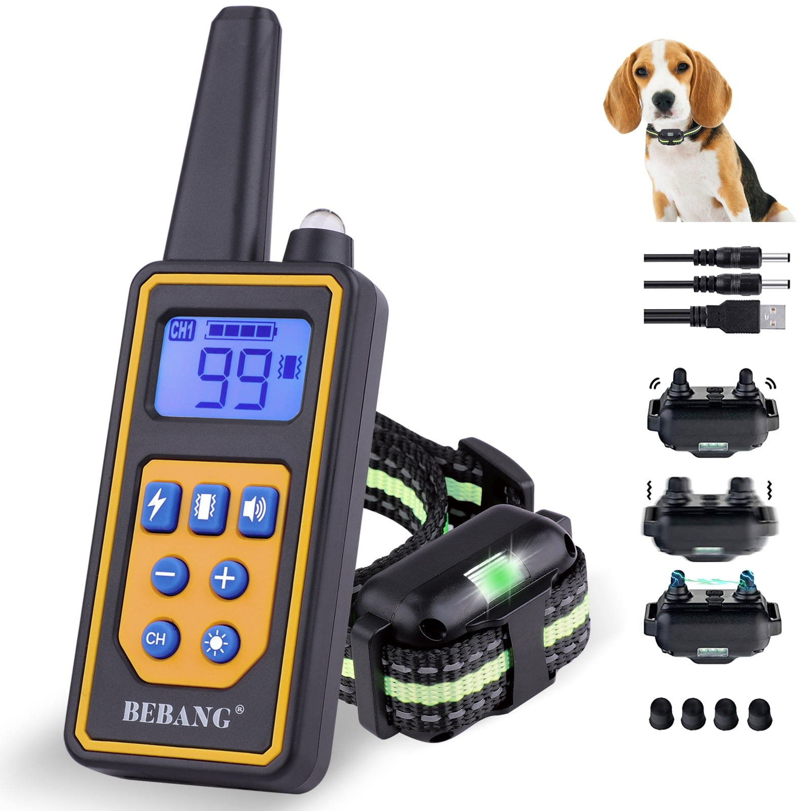 Hundetrainingshalsband-Kit. Enthält Fernbedienung, Halsband, Ladegerät und einen Beagle. Die Fernbedienung hat einen Bildschirm und Tasten.