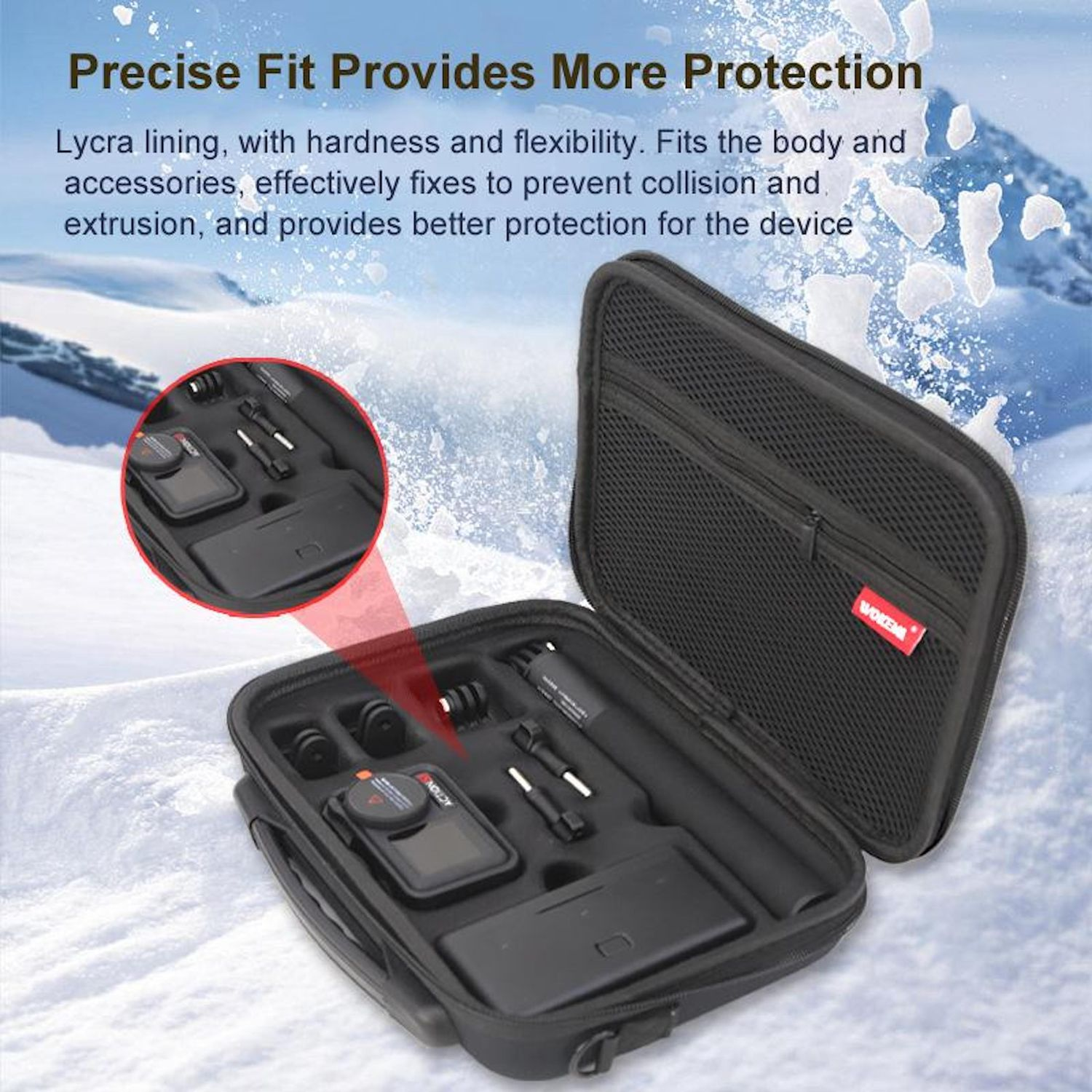 Custodia nera aperta con fotocamera e accessori. Sfondo innevato con testo: Precise Fit Provides More Protection.