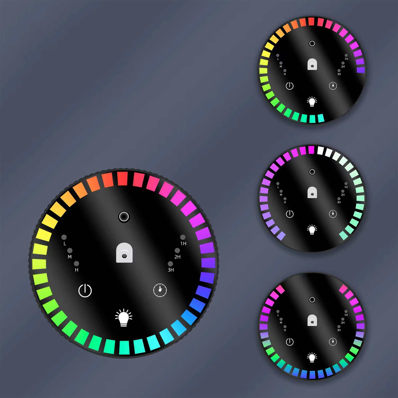 Vier schwarze kreisförmige Geräte mit bunten LED-Ringen. Jedes hat Symbole für Strom, Licht und Timer. Grauer Hintergrund.